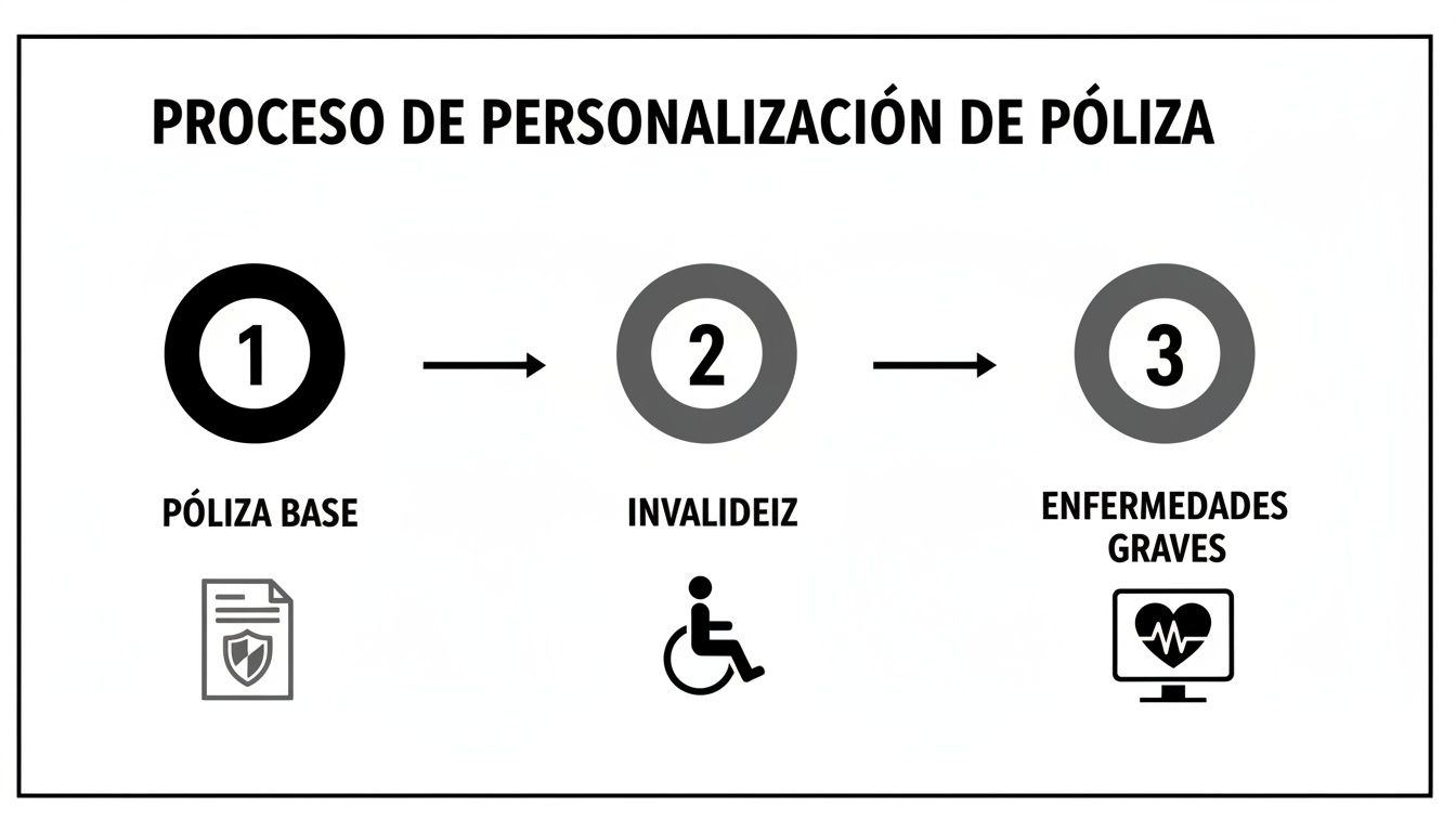 Diagrama del proceso de personalización de póliza de seguro, con pasos para póliza base, invalidez y enfermedades graves.