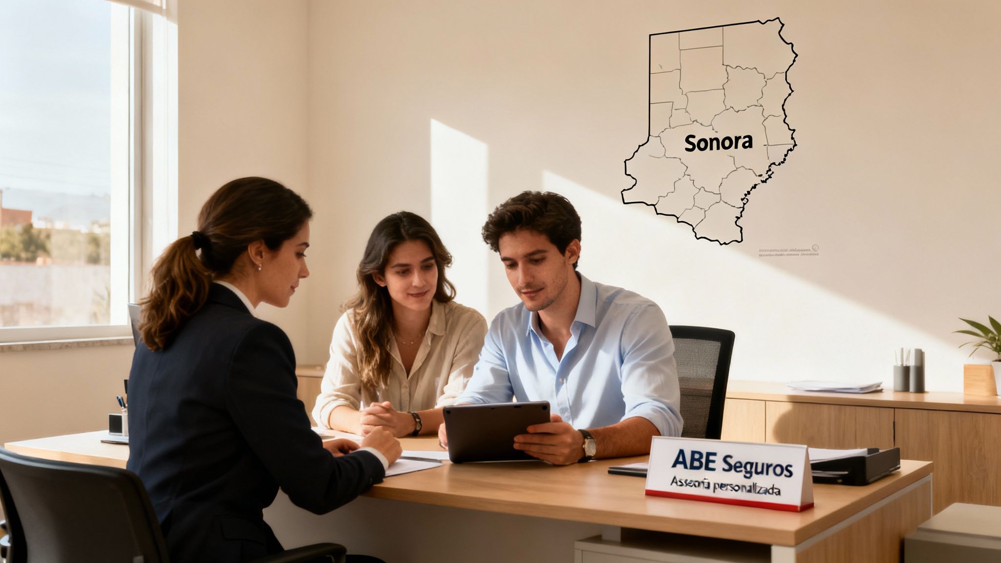 Agente de seguros discutiendo pólizas con una pareja joven, usando una tablet en la oficina de ABE Seguros.