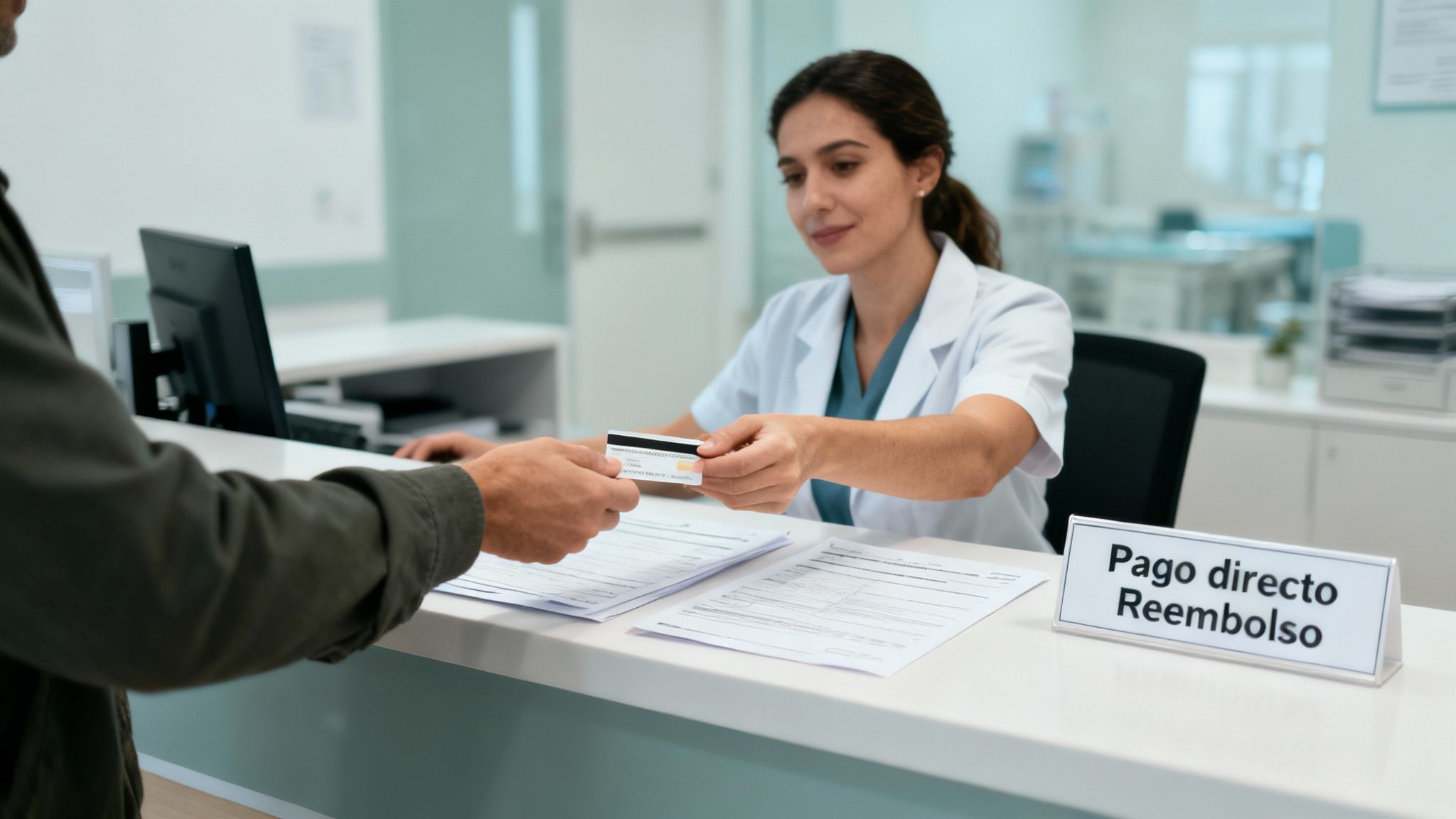 Una persona firmando un contrato de seguro con un agente, con el texto "El proceso para contratar y usar tu seguro médico" incrustado en la imagen.