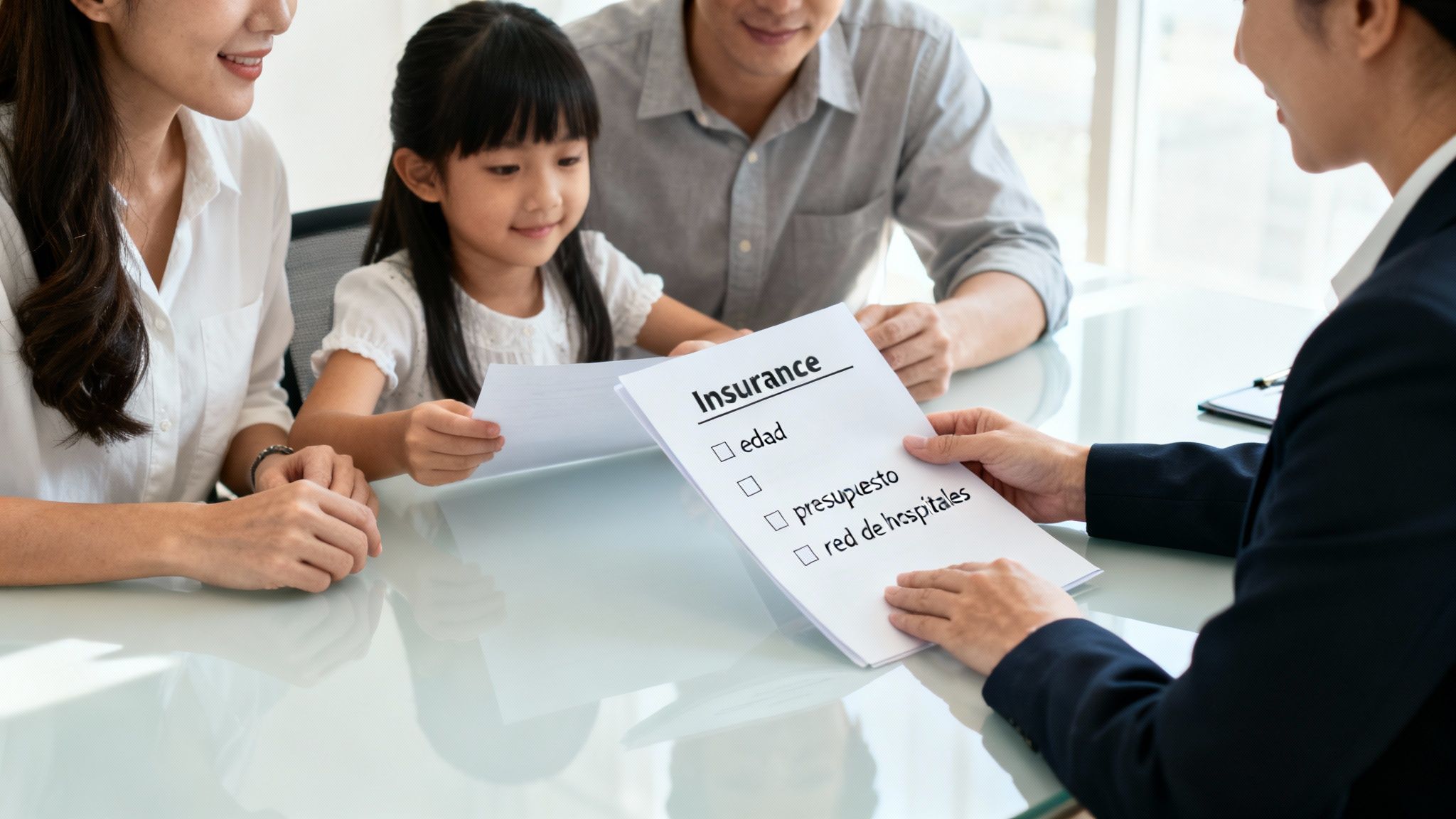 Una familia feliz consultando a un agente de seguros, con el texto "Cómo elegir el seguro de gastos medicos ideal para tu familia" incrustado en la imagen.