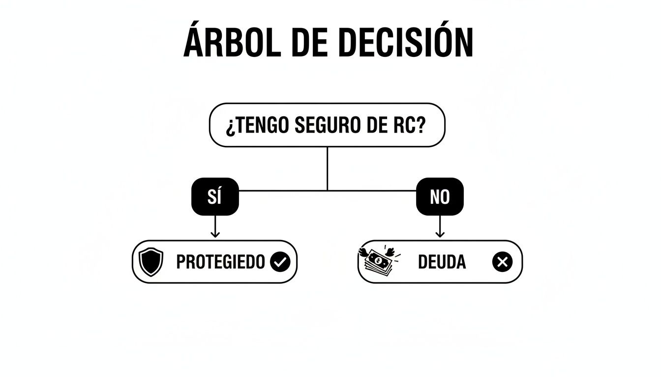 Diagrama de árbol de decisión sobre seguro de responsabilidad civil, mostrando protección o deuda.