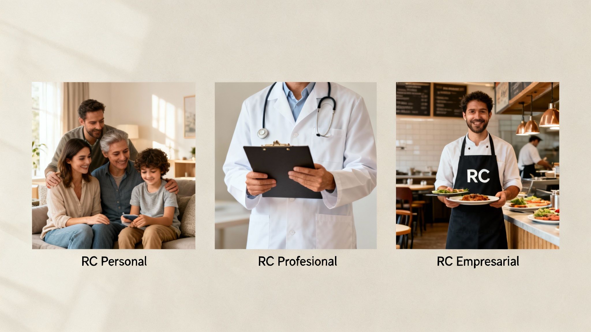 Tres escenas: una familia, un médico y un chef, representando seguro de responsabilidad civil personal, profesional y empresarial.