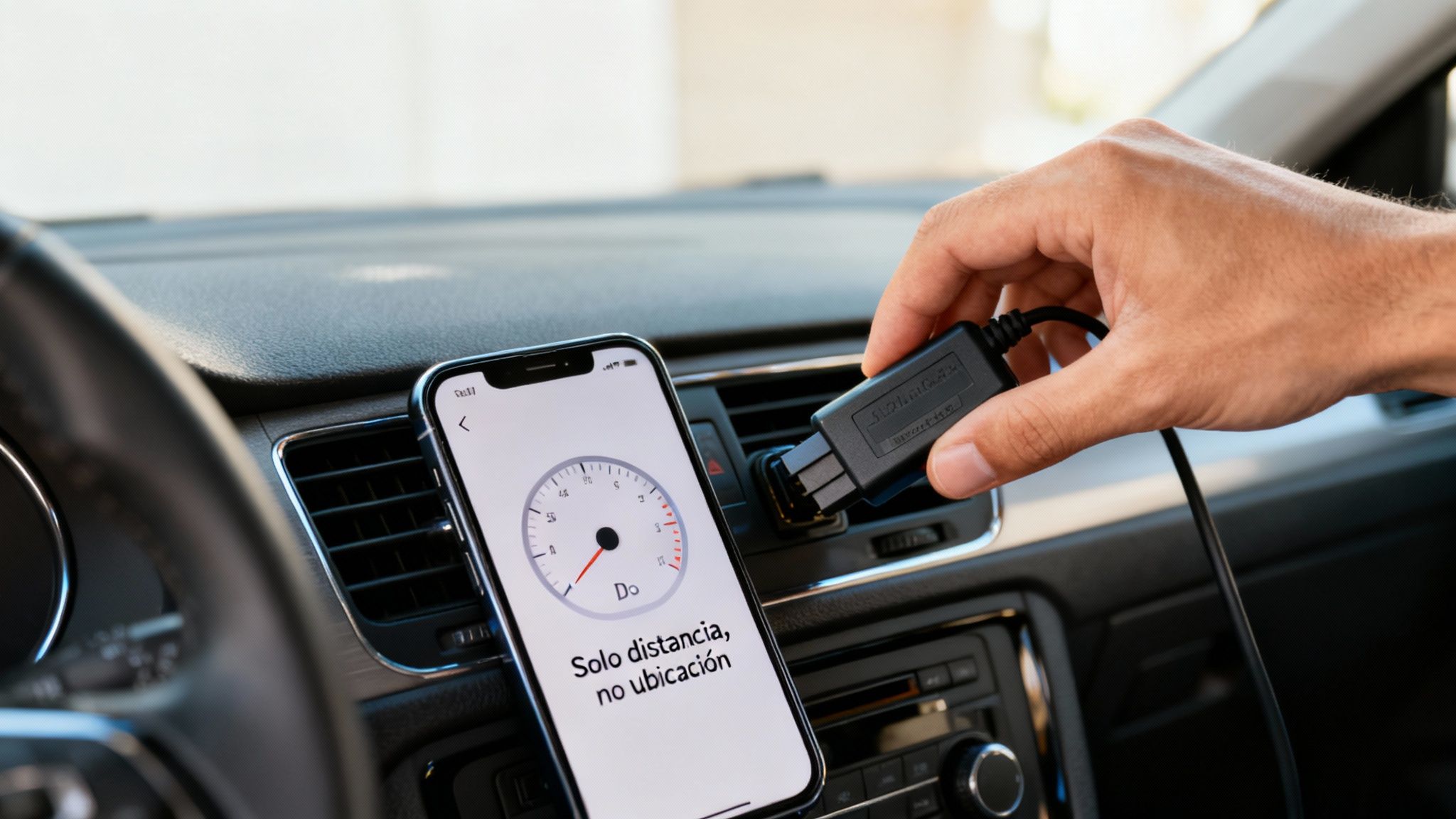 Mano conectando dispositivo de coche en salpicadero con app móvil mostrando distancia.
