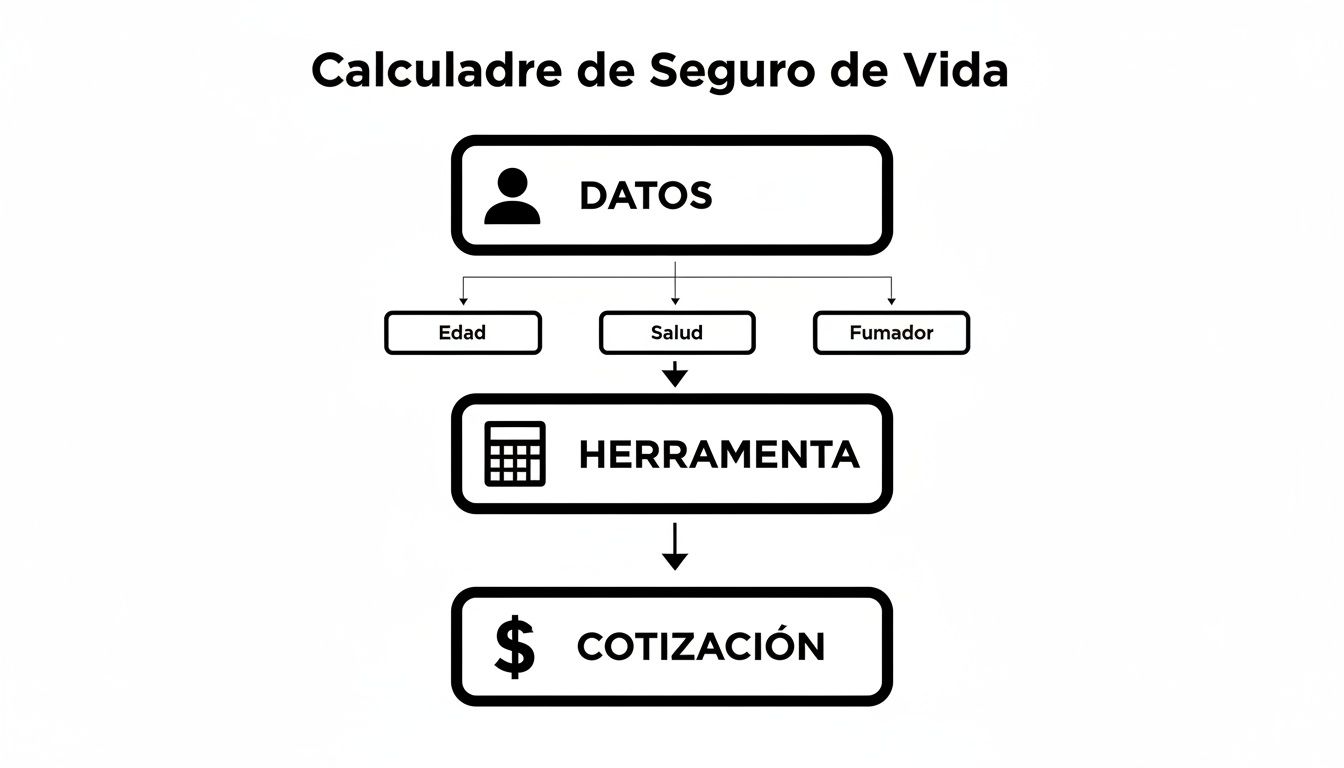 Diagrama de flujo que muestra el proceso de cálculo de un seguro de vida, desde la entrada de datos hasta la cotización.