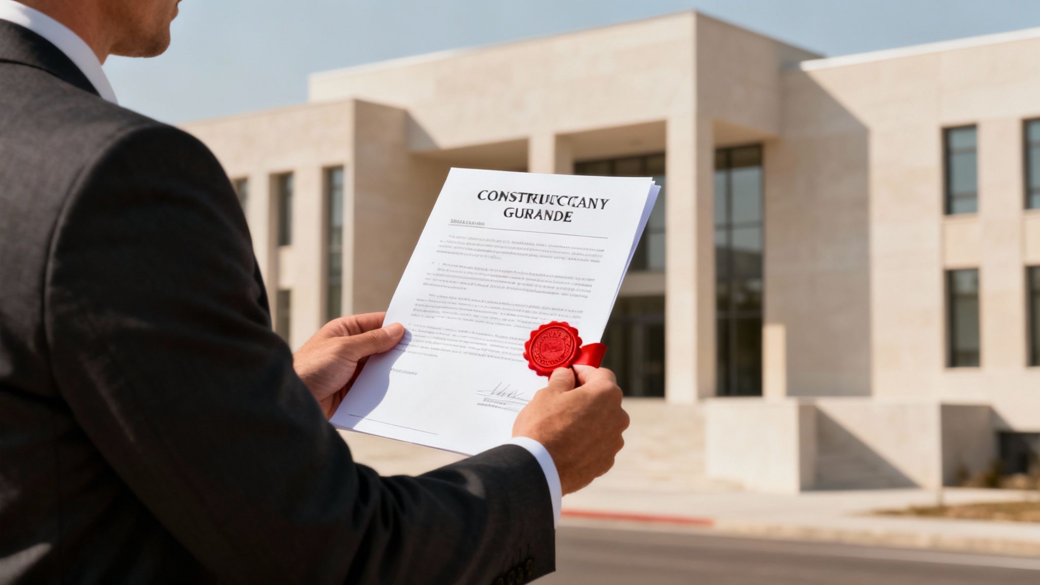 Personas en una reunión de negocios firmando un contrato, con el texto "Entendiendo la fianza como una garantía de cumplimiento" superpuesto.
