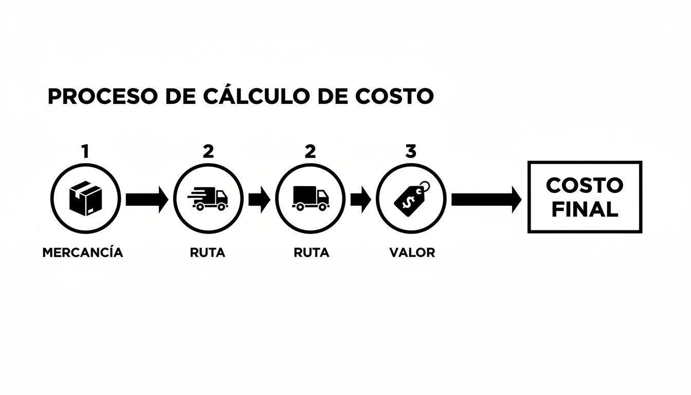 Diagrama de flujo del proceso de cálculo de costo, mostrando mercancía, ruta, valor y costo final.