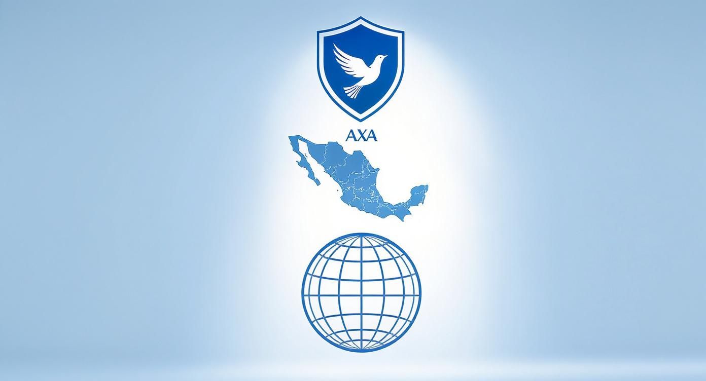 Diagrama de jerarquía que muestra la estructura de AXA, desde su alcance global hasta su enfoque en la tranquilidad del cliente en México.