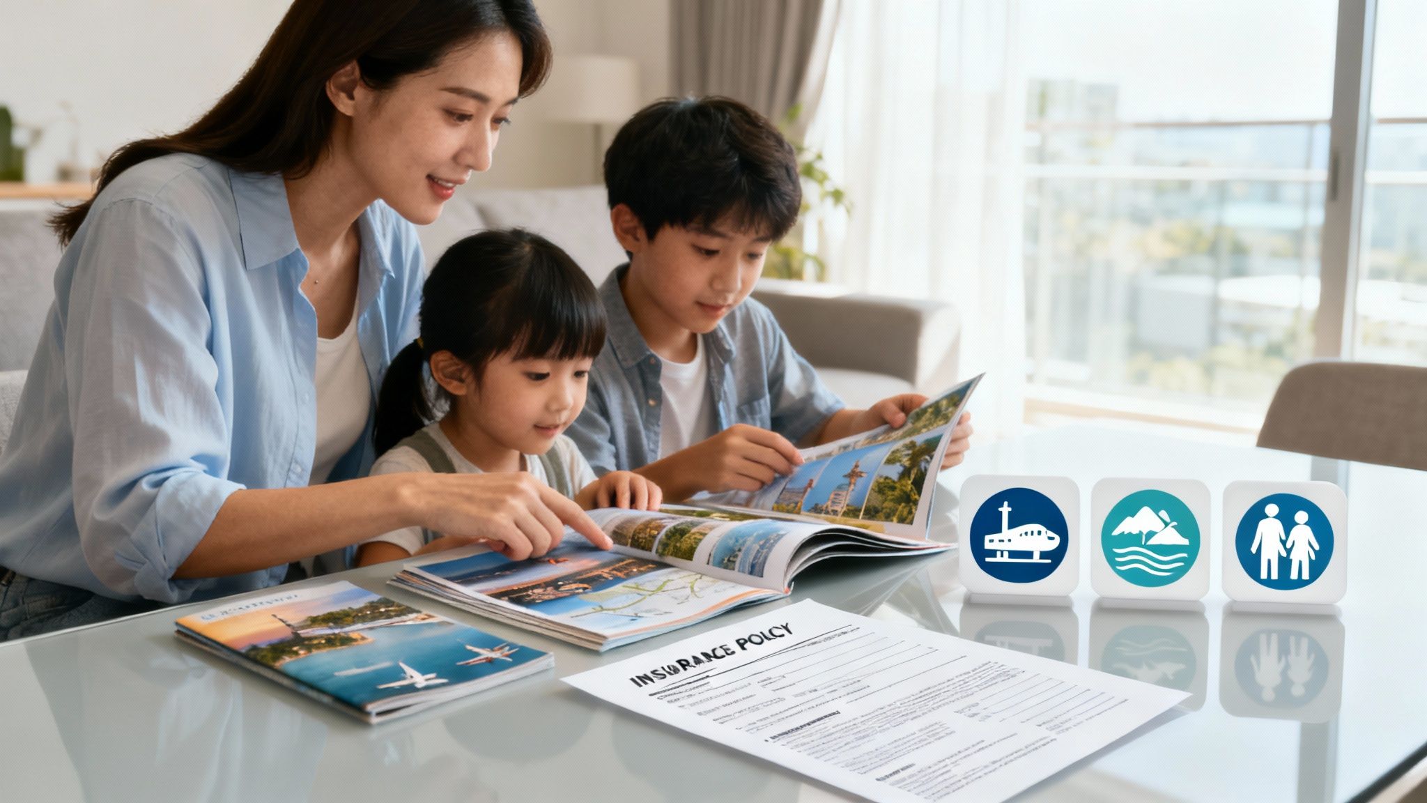 Una persona señalando un mapa con diferentes tipos de destinos, representando la elección de un seguro de viaje adecuado. El texto superpuesto dice "Cómo elegir el seguro perfecto para tu tipo de viaje"