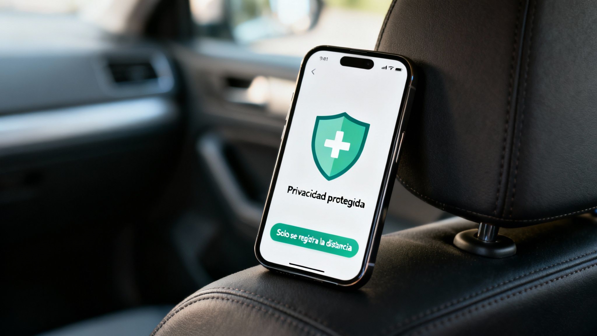 Un smartphone en un asiento de coche con una pantalla que dice 'Privacidad protegida' y 'Solo se registra la distancia'.