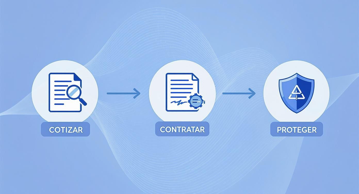 Infografía sobre el proceso de contratación de seguros que muestra los pasos de cotizar, contratar y proteger.