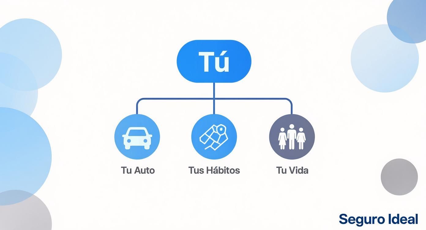 Diagrama que muestra cómo Tú, tu auto, tus hábitos y tu vida se conectan, relacionado con Seguro Ideal.