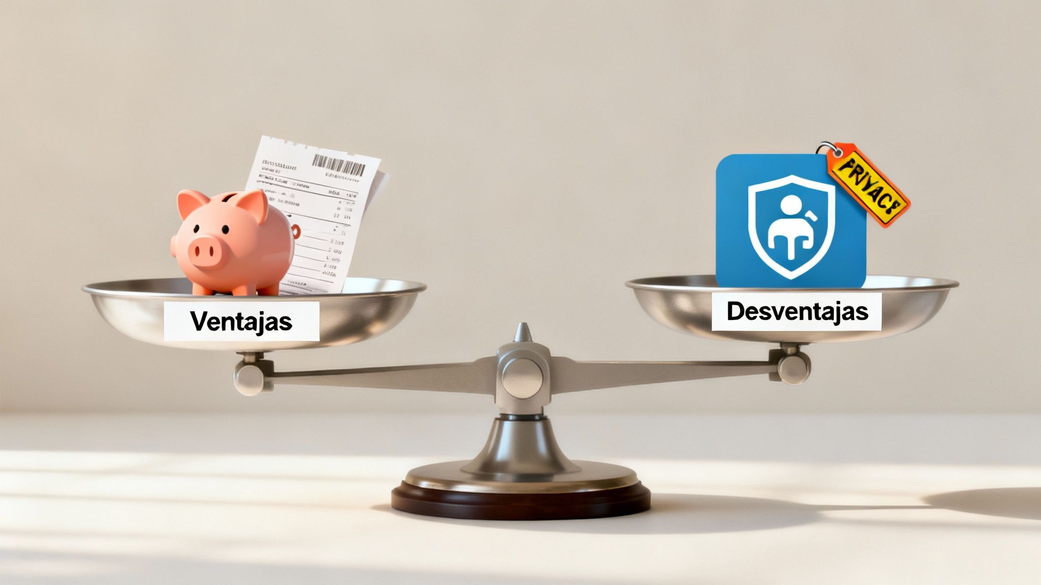 Balanza comparando ventajas económicas (cerdito y recibo) con desventajas de privacidad (icono de escudo y etiqueta).