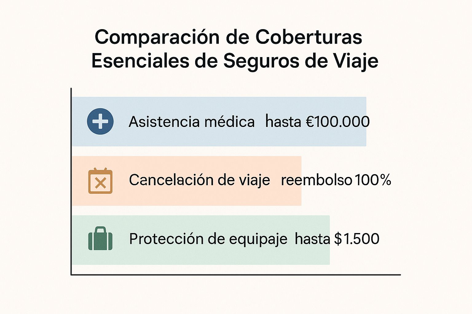 Infografía comparando coberturas esenciales de seguros de viaje: Asistencia médica hasta €100.000, Cancelación de viaje con reembolso del 100% y Protección de equipaje hasta $1.500