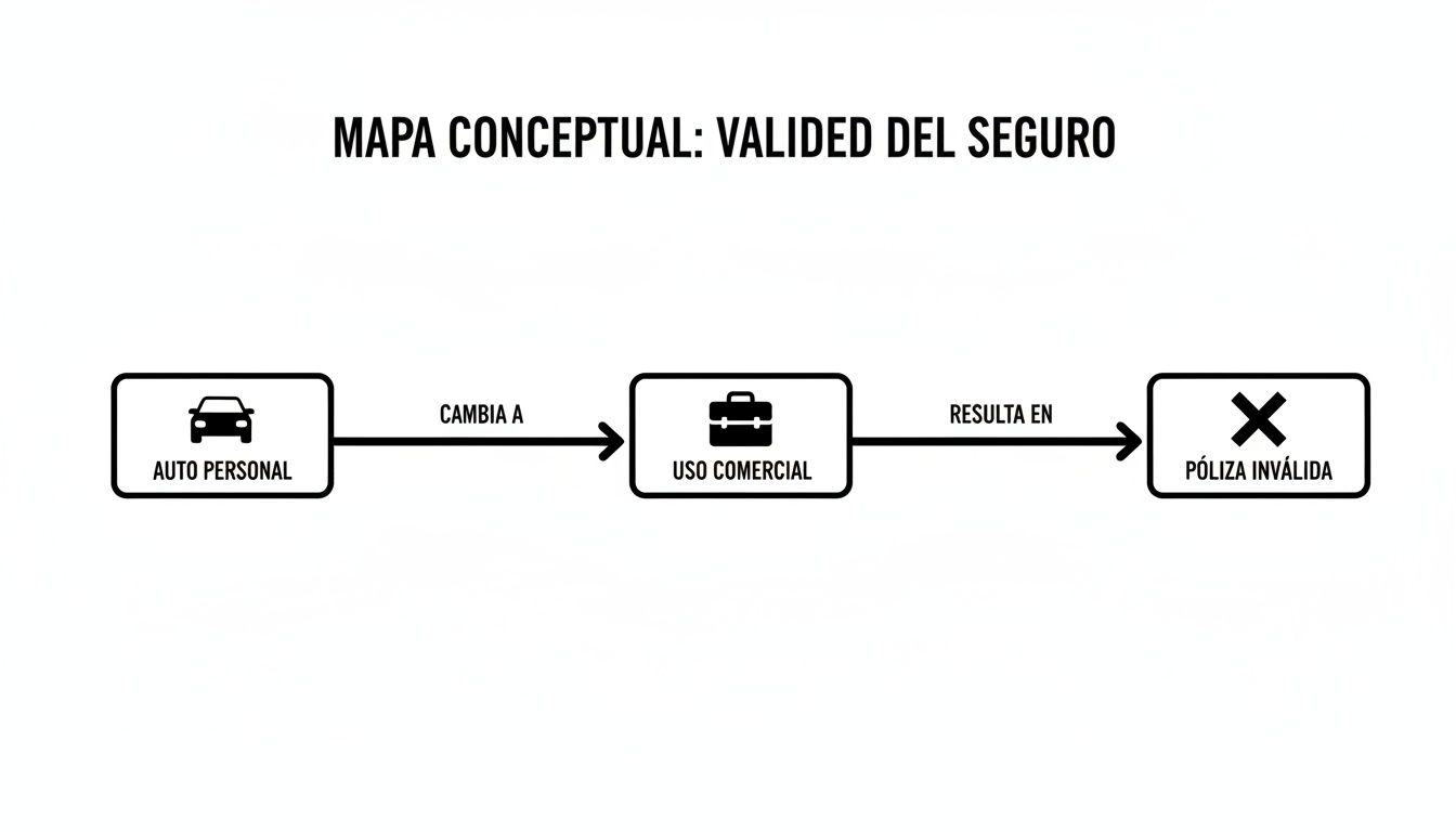 Un conductor de Didi preocupado mira los documentos de su seguro de auto personal, con un símbolo de 'X' superpuesto, indicando que no es válido para uso comercial.