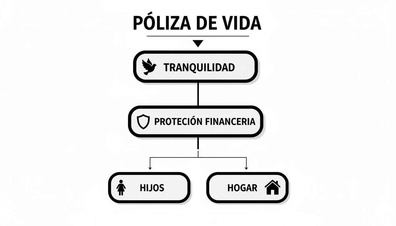 Diagrama de póliza de vida: tranquilidad y protección financiera para hijos y hogar.