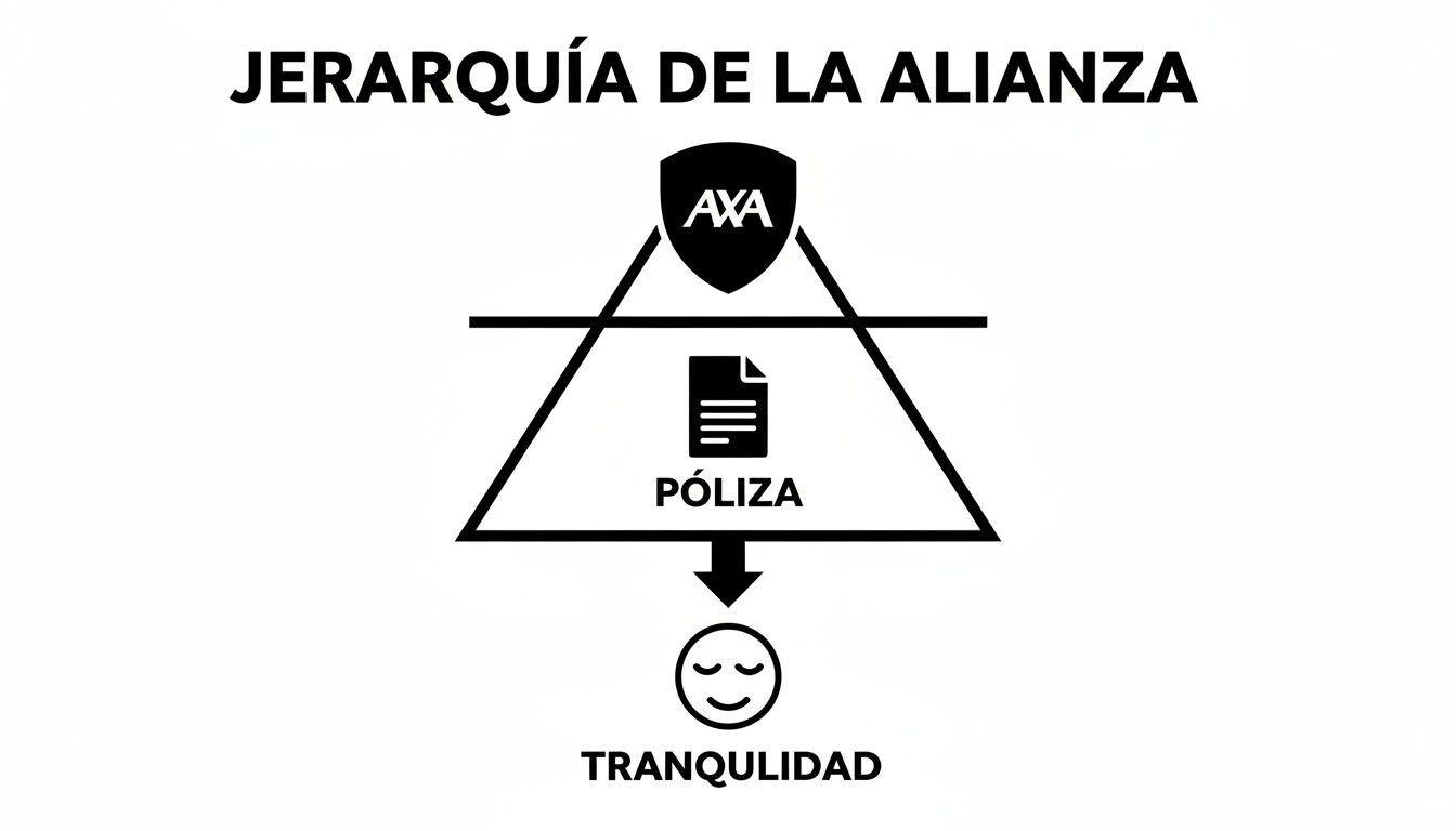 Jerarquía de la alianza AXA mostrando cómo la póliza conduce a la tranquilidad del asegurado, representada por una pirámide.