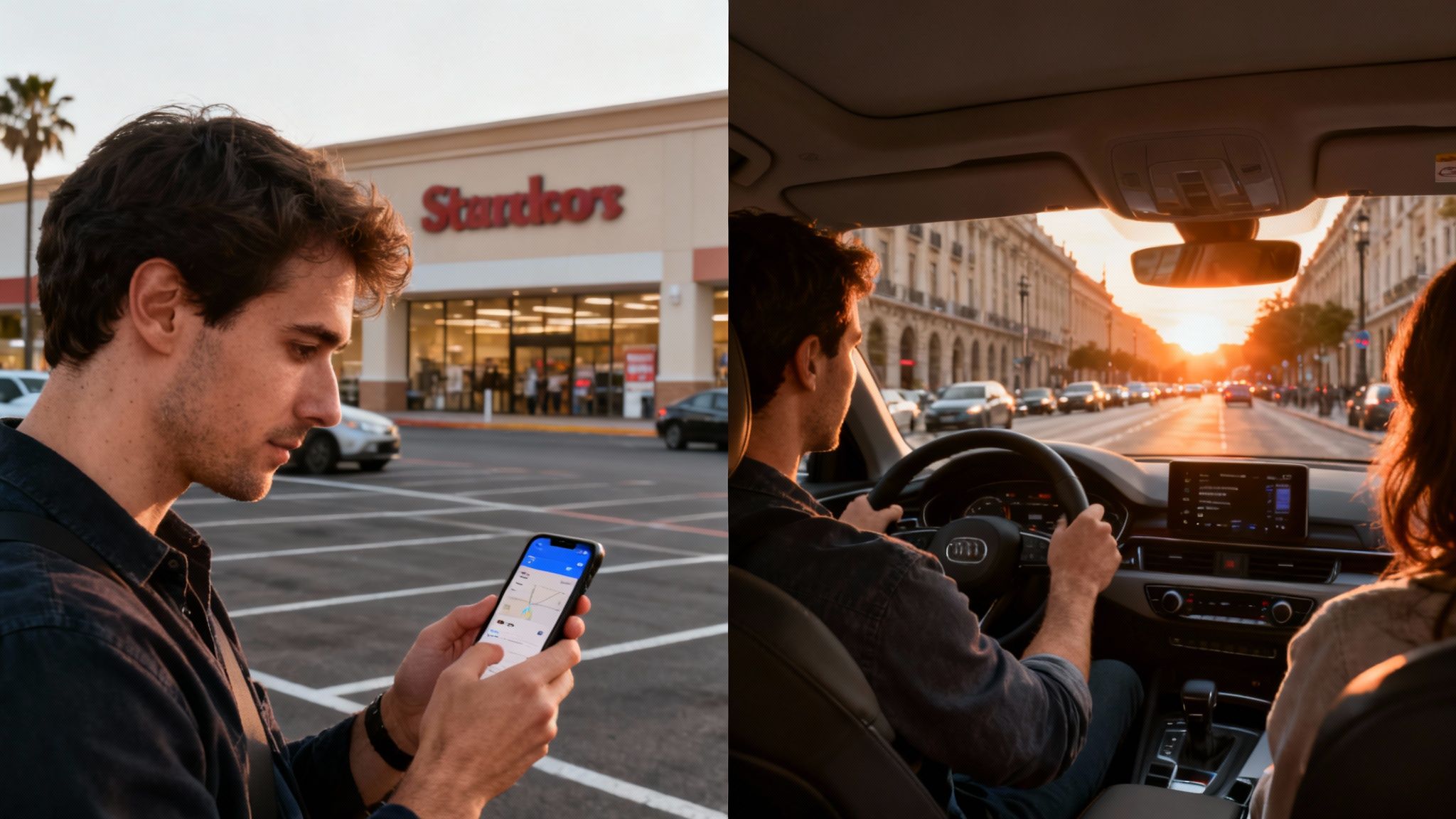 Un hombre usa su teléfono en un estacionamiento y luego conduce un auto en la ciudad al atardecer, mostrando servicios de plataforma.