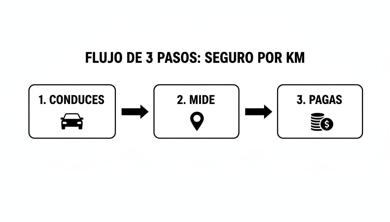 Diagrama de flujo de 3 pasos para seguro de auto por kilómetro: conduces, se mide y pagas.