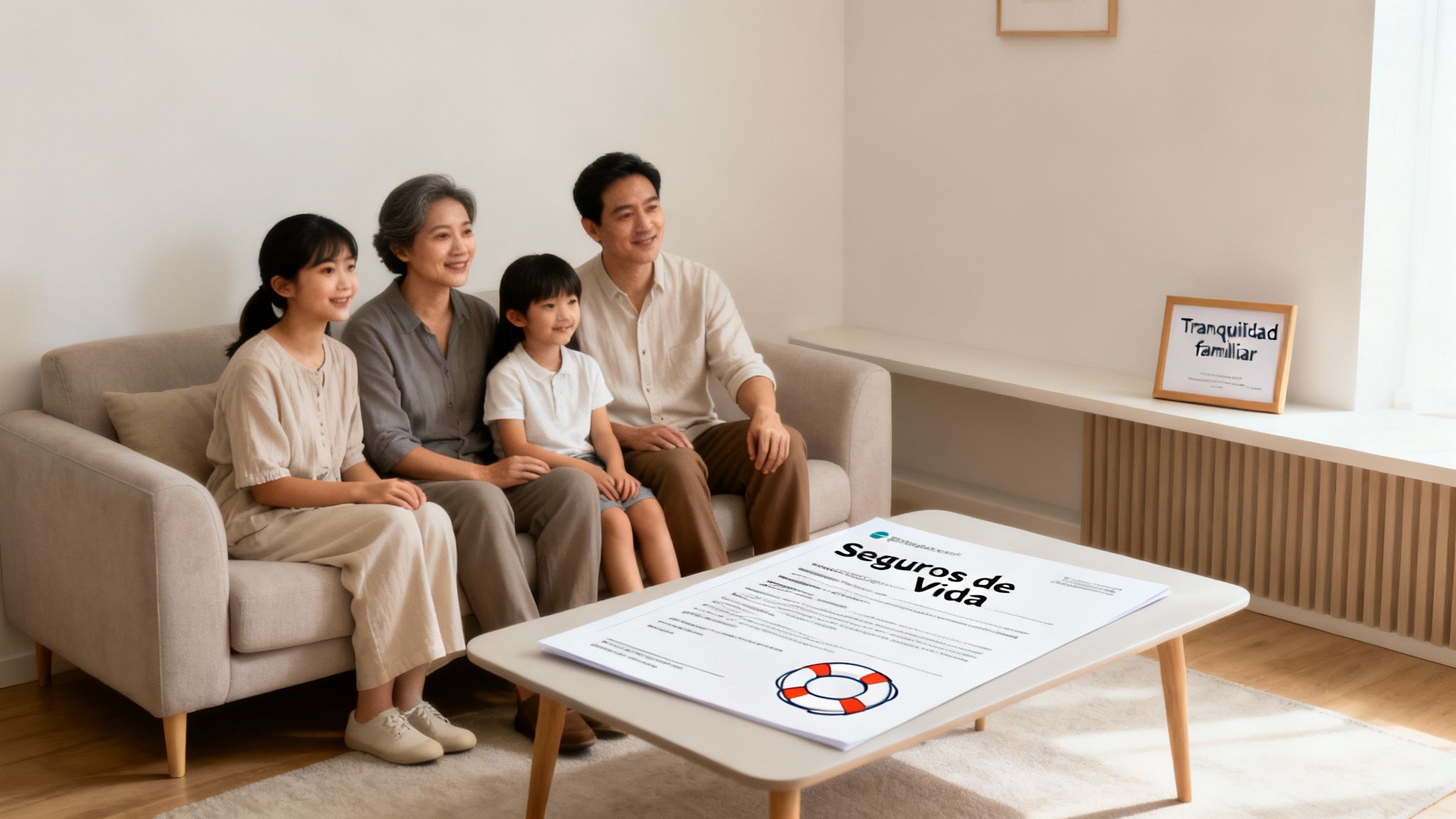 Familia asiática multigeneracional sonriente en un sofá, con documentos de seguros de vida en la mesa.