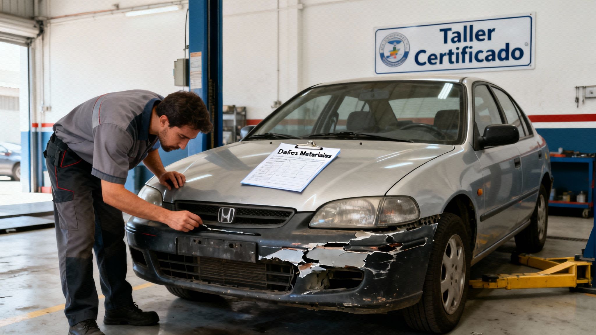 Mecánico inspecciona daños en el parachoques delantero de un coche en un taller certificado, con un informe de daños materiales en el capó.