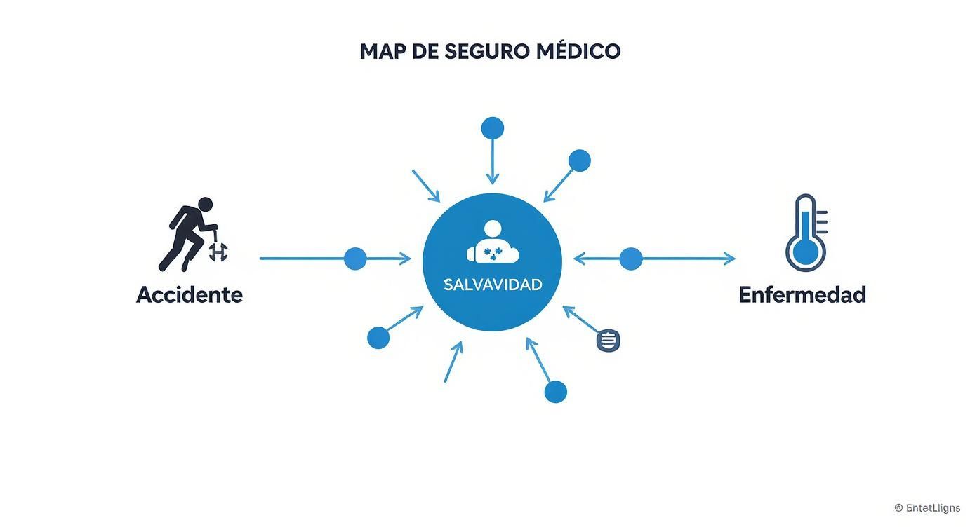 Mapa conceptual que ilustra cómo un seguro de gastos médicos mayores protege contra accidentes y enfermedades, ofreciendo una salvavidas financiera.