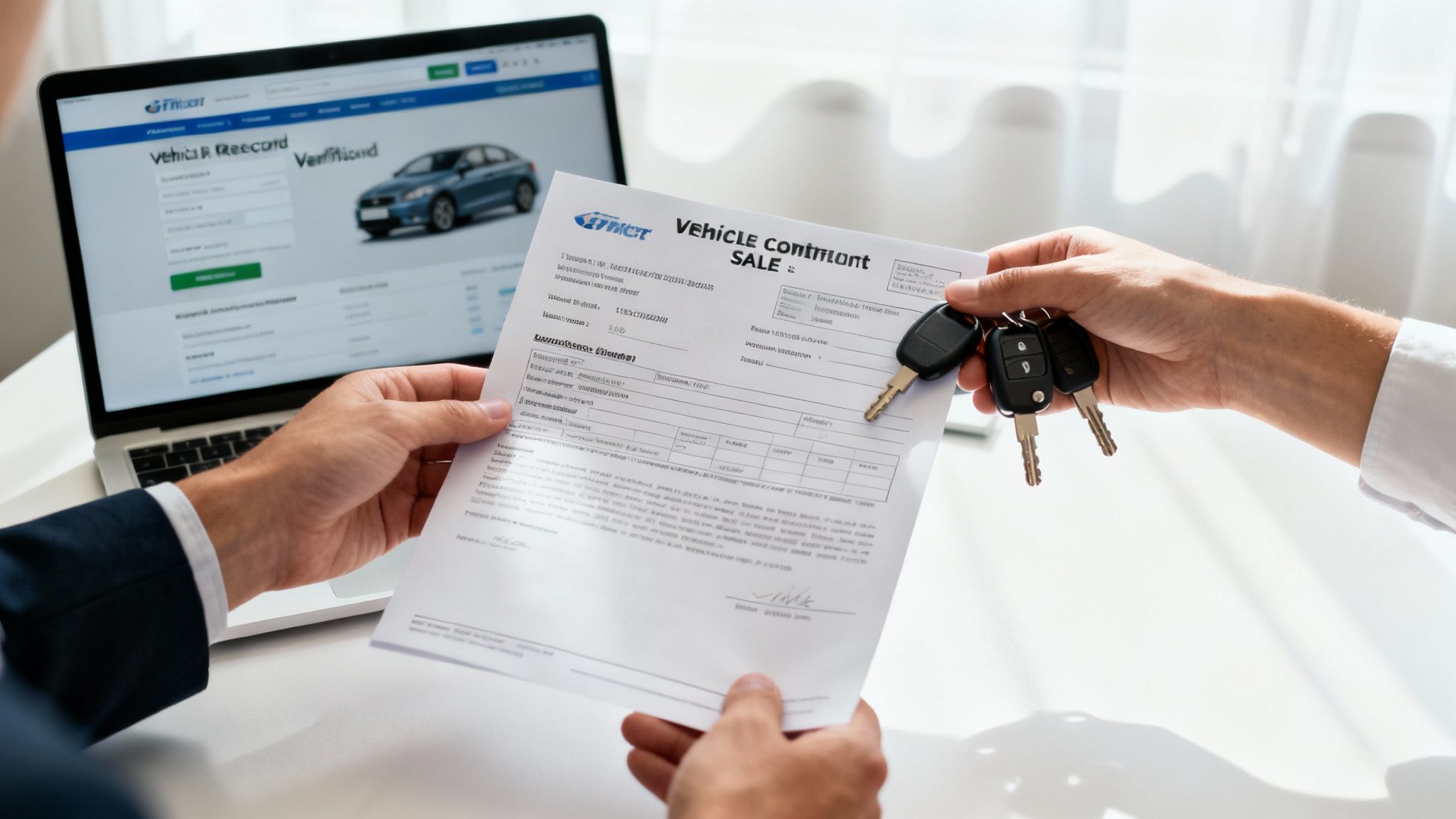 Una persona inspecciona los documentos de un vehículo usado, incluyendo el contrato de compraventa y el historial de pagos, antes de firmar.