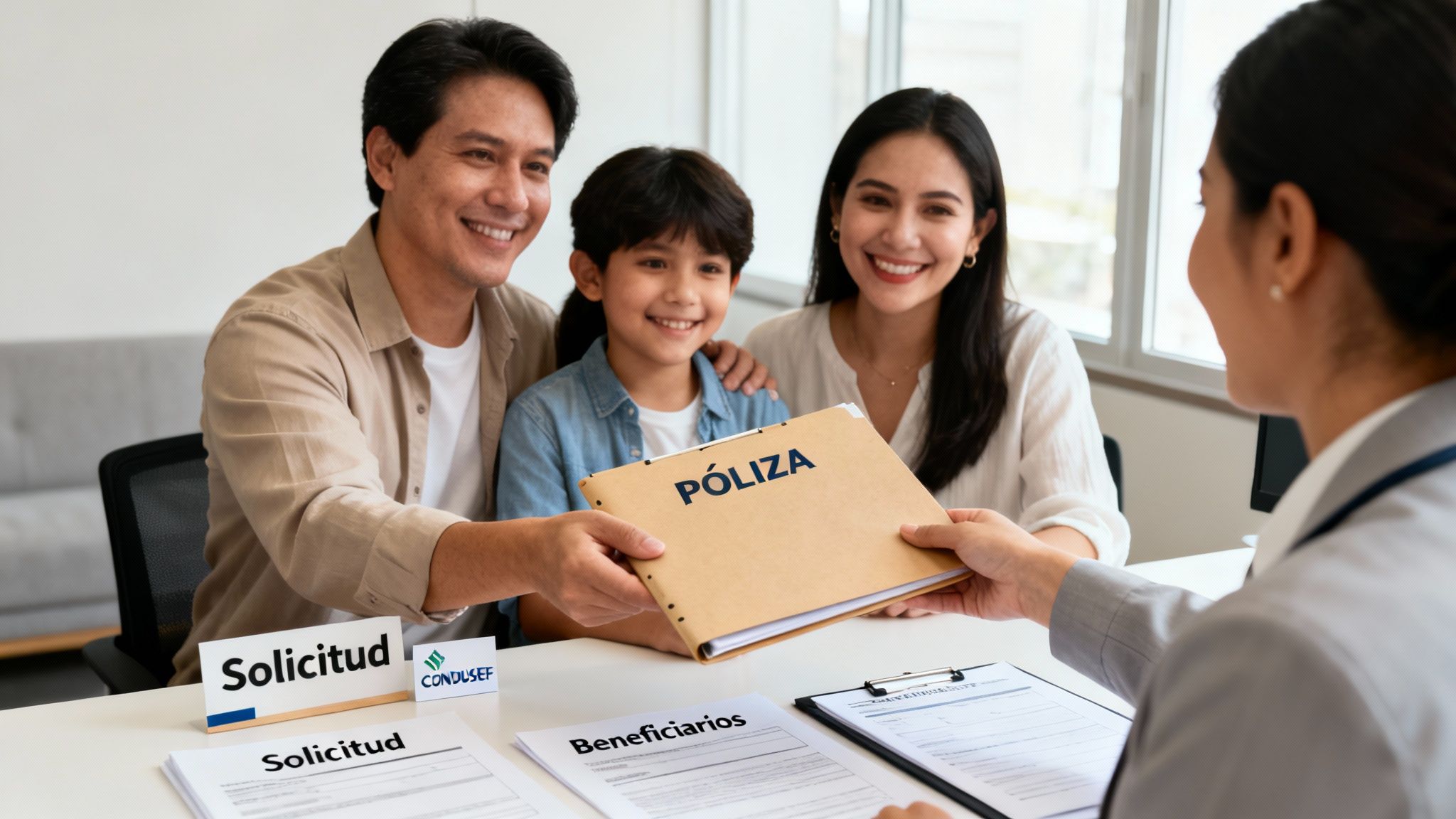 Familia sonriente recibe una póliza de seguro de vida de una asesora, con documentos en la mesa.