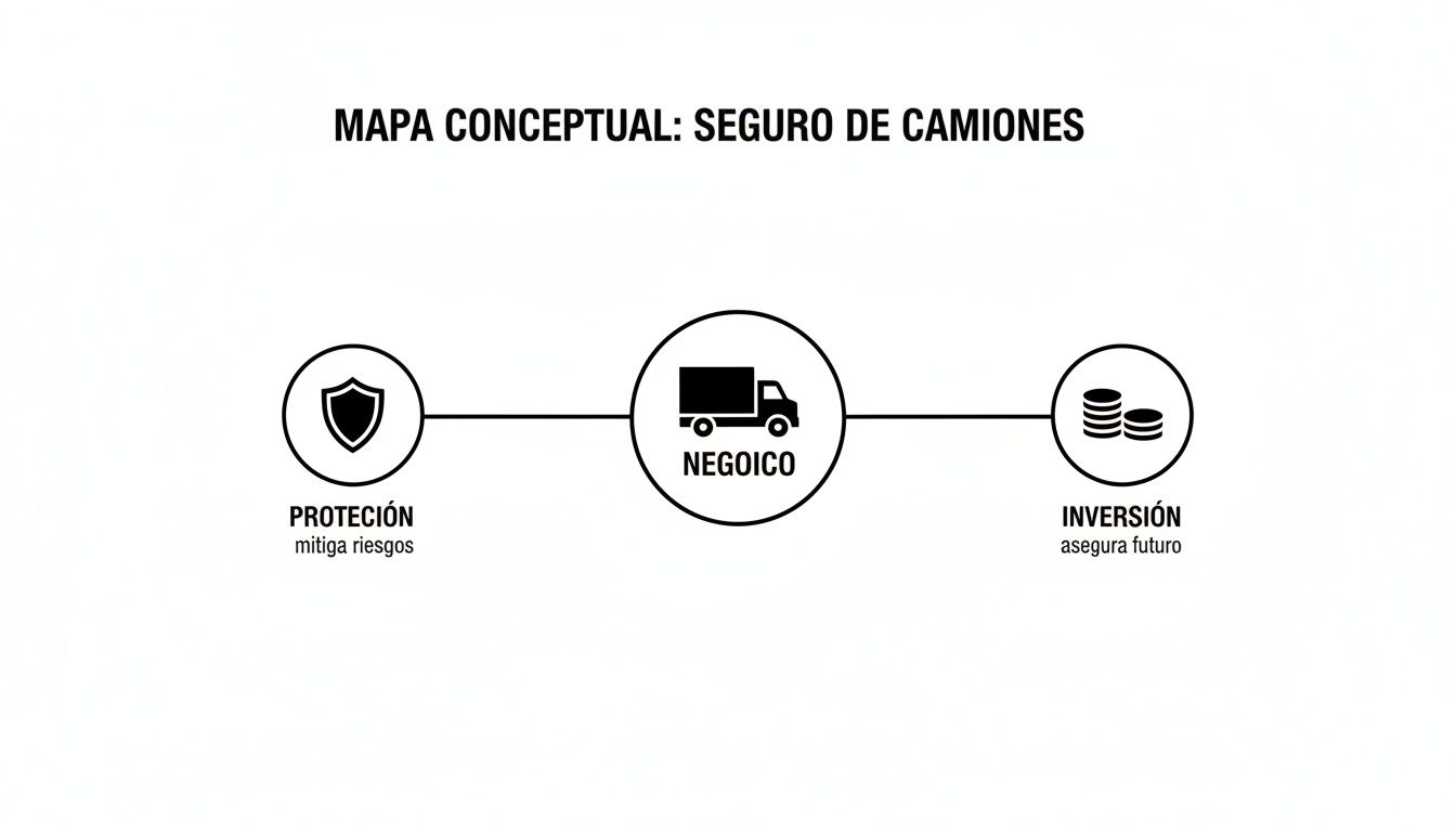 Mapa conceptual sobre seguro de camiones, mostrando la protección que mitiga riesgos y la inversión que asegura el futuro del negocio.