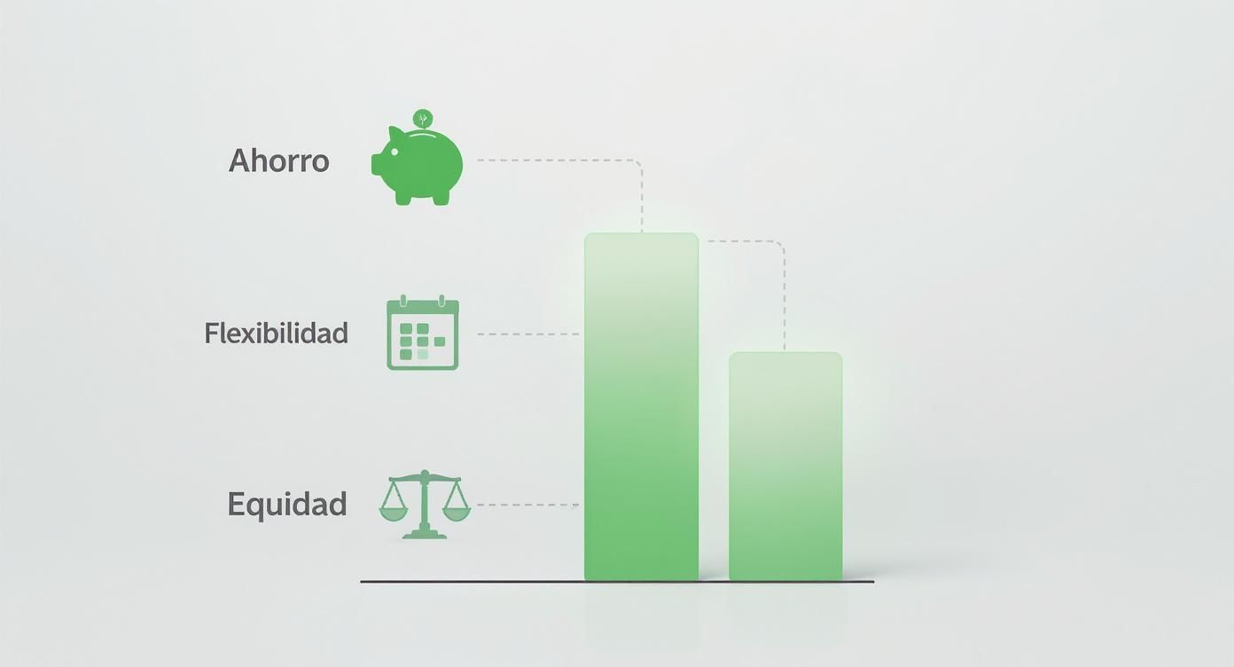 Infografía que muestra los beneficios de un seguro de auto por km Ahorro, Flexibilidad y Equidad.