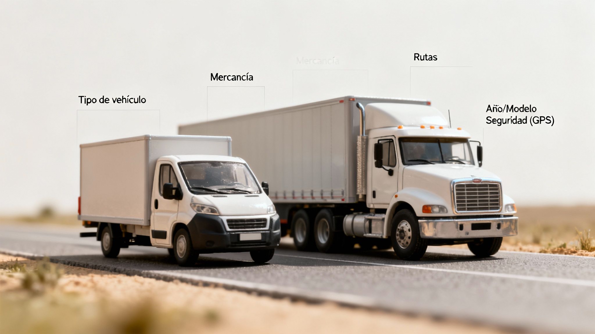 Dos camiones de juguete blancos en una carretera desértica con etiquetas de texto sobre logística y seguridad.