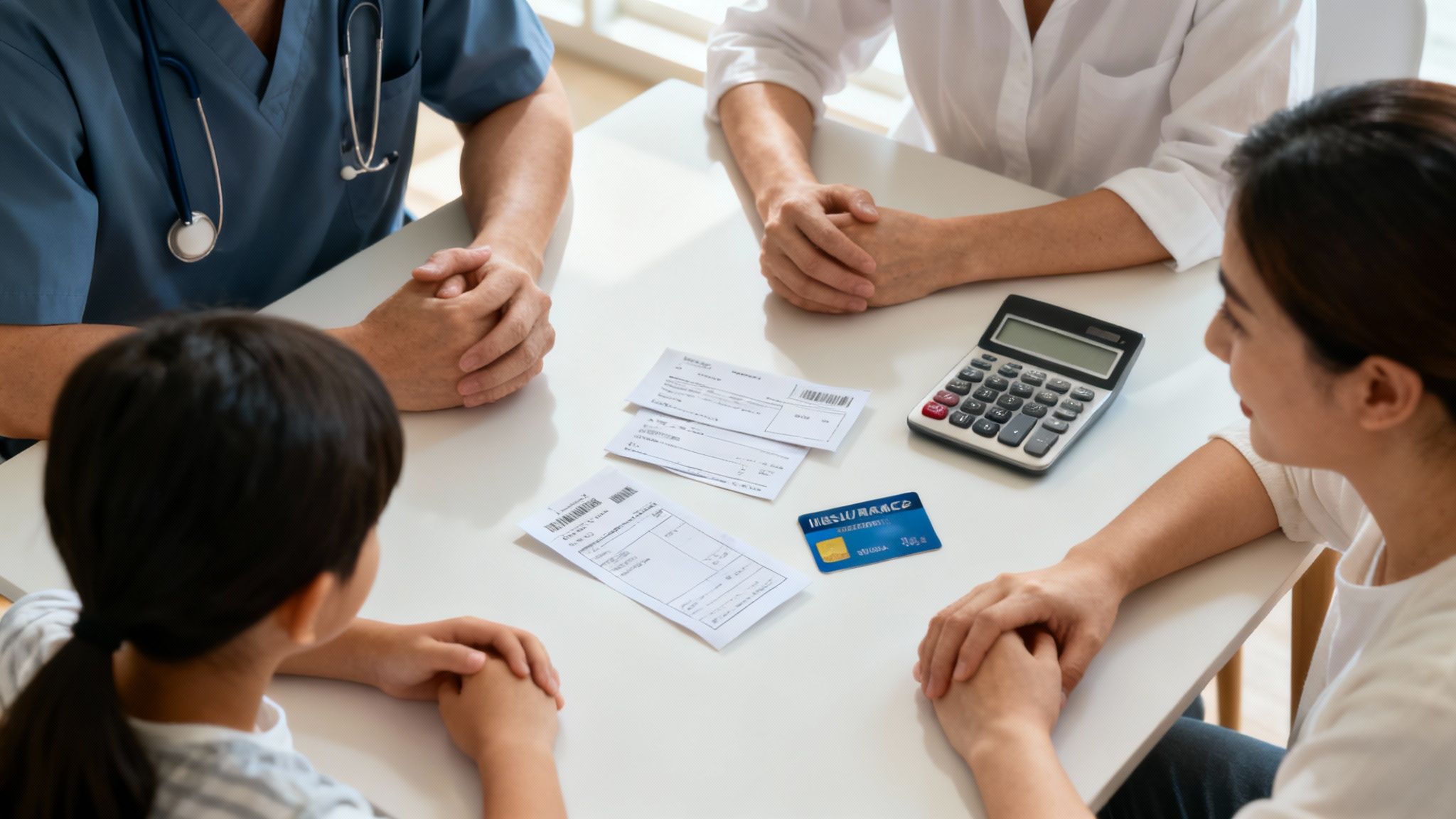 Una familia sonorense revisando sus finanzas, preocupada por los gastos médicos.