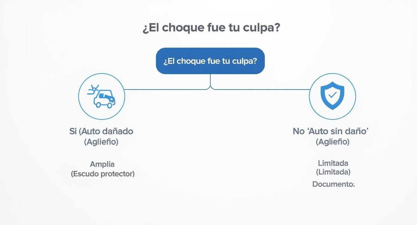 Infográfico en forma de árbol de decisión que ayuda a elegir entre seguro de cobertura amplia o limitada, dependiendo de si el conductor fue culpable en un choque.