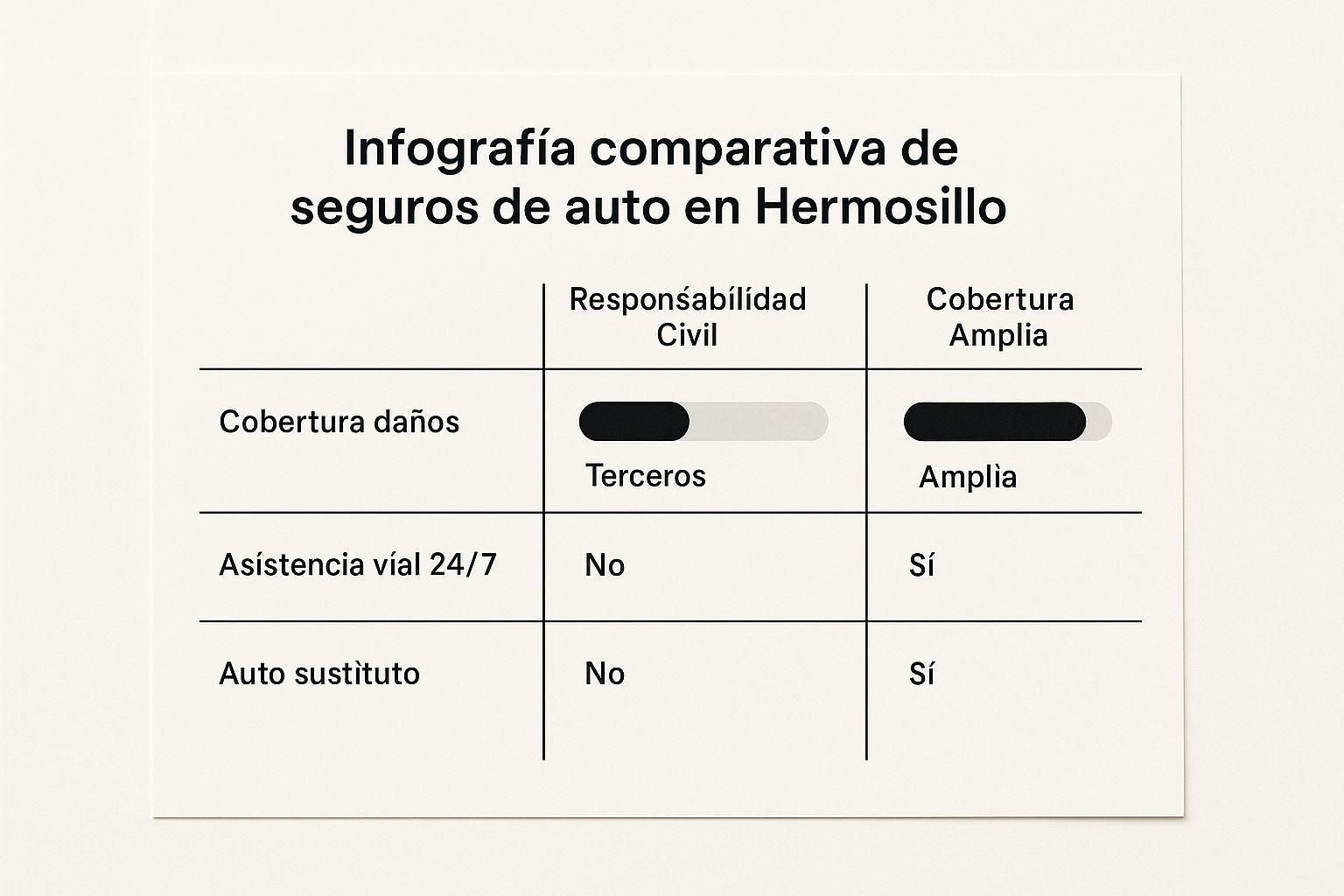 Infografía comparativa de seguros de auto en Hermosillo que muestra las diferencias entre Responsabilidad Civil, Cobertura Limitada y Cobertura Amplia.