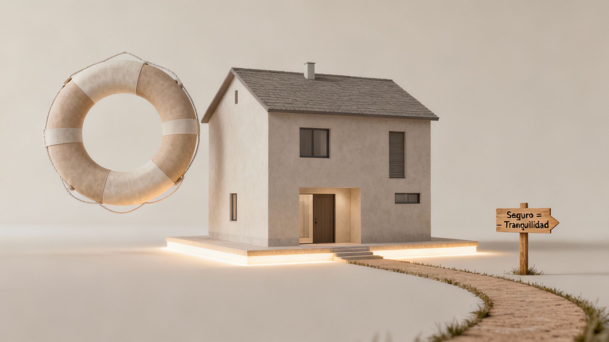 Maqueta de casa moderna con salvavidas flotante y cartel 'Seguro = Tranquilidad' en camino.
