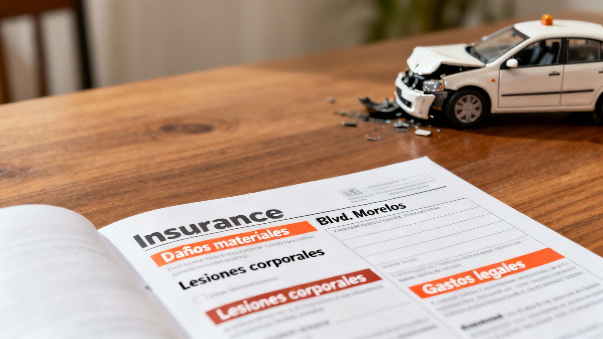 Un coche de juguete chocado y un documento de seguro abierto sobre una mesa de madera, simbolizando un accidente y la cobertura.