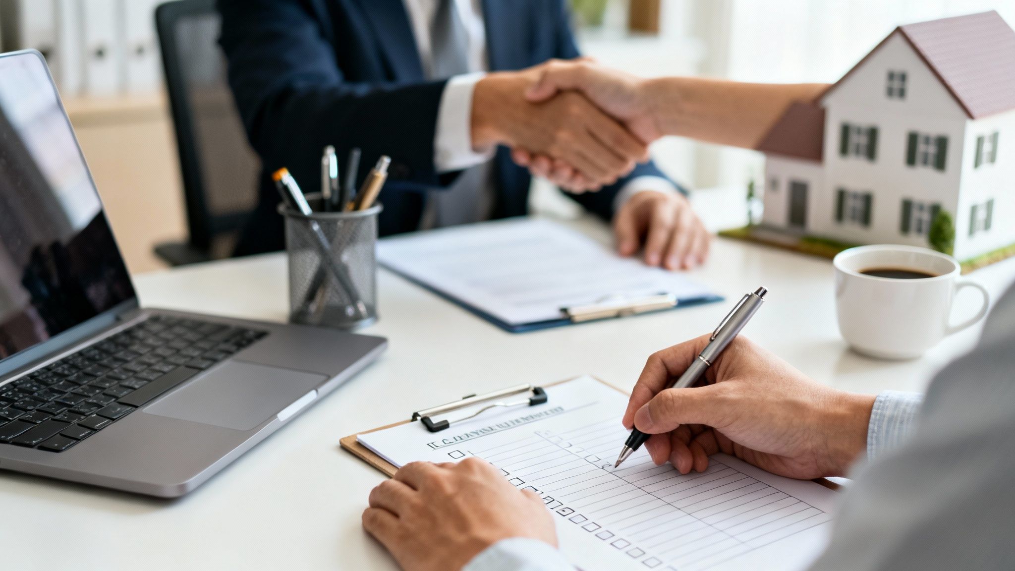 Personas discuten un seguro de hogar, con un modelo de casa y documentos en la mesa.