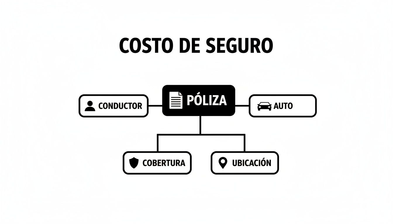 Diagrama que ilustra los factores que influyen en el costo de una póliza de seguro de auto: conductor, vehículo, cobertura y ubicación.