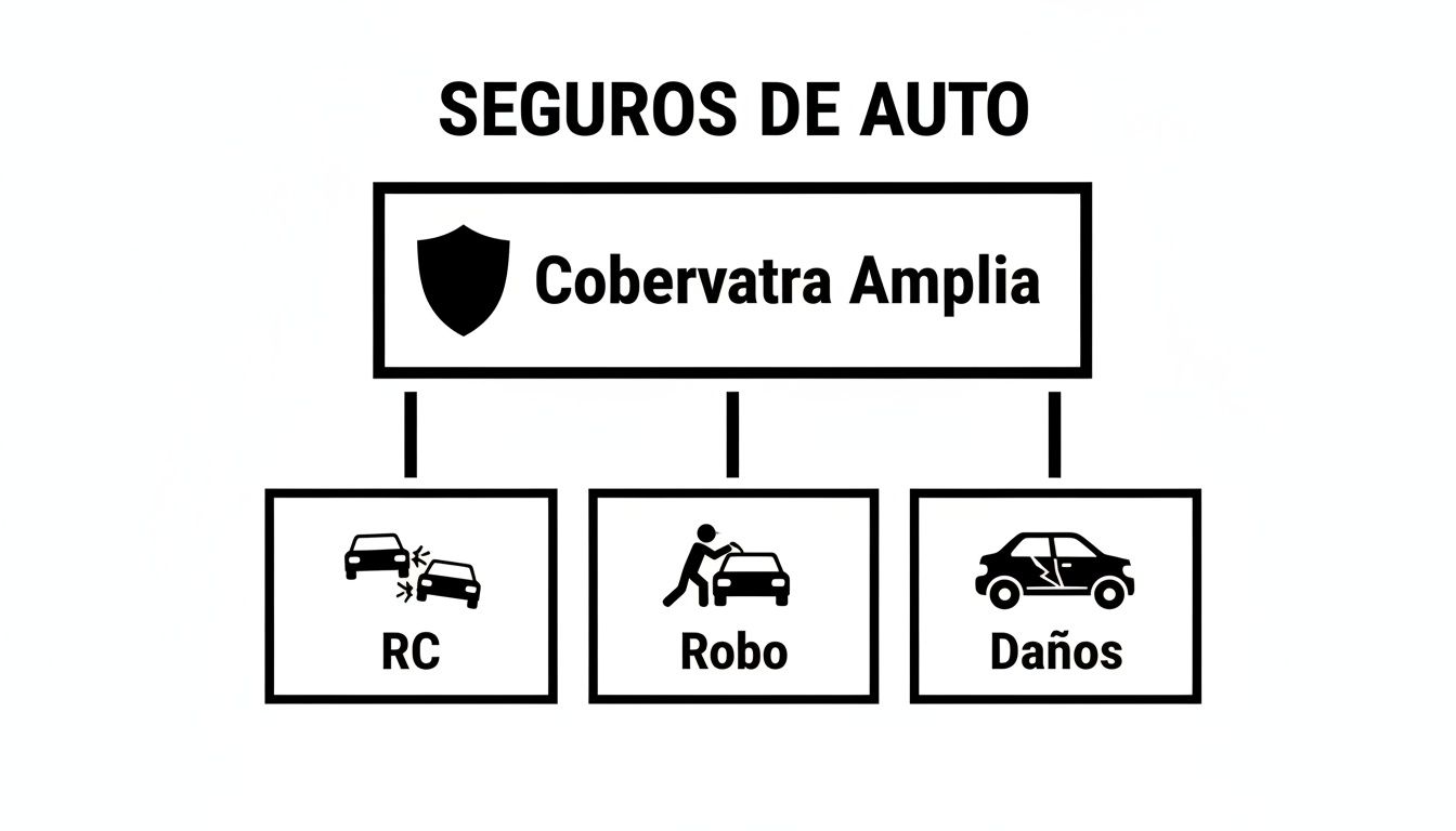 Diagrama de tipos de seguros de auto: cobertura amplia, responsabilidad civil, robo y daños.