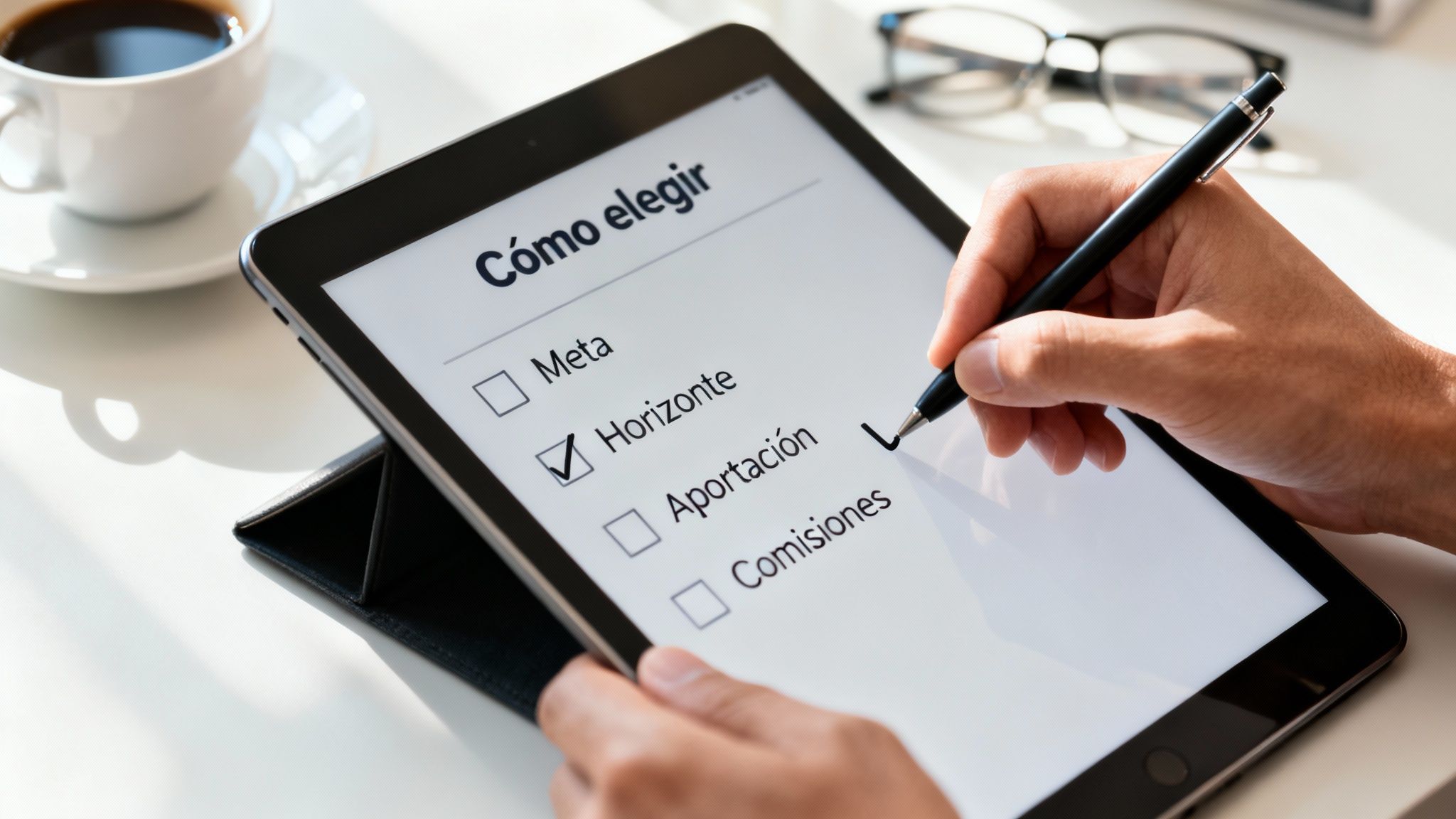 Persona revisando opciones de inversión en una tablet, marcando 'Horizonte' en una lista digital sobre cómo elegir.