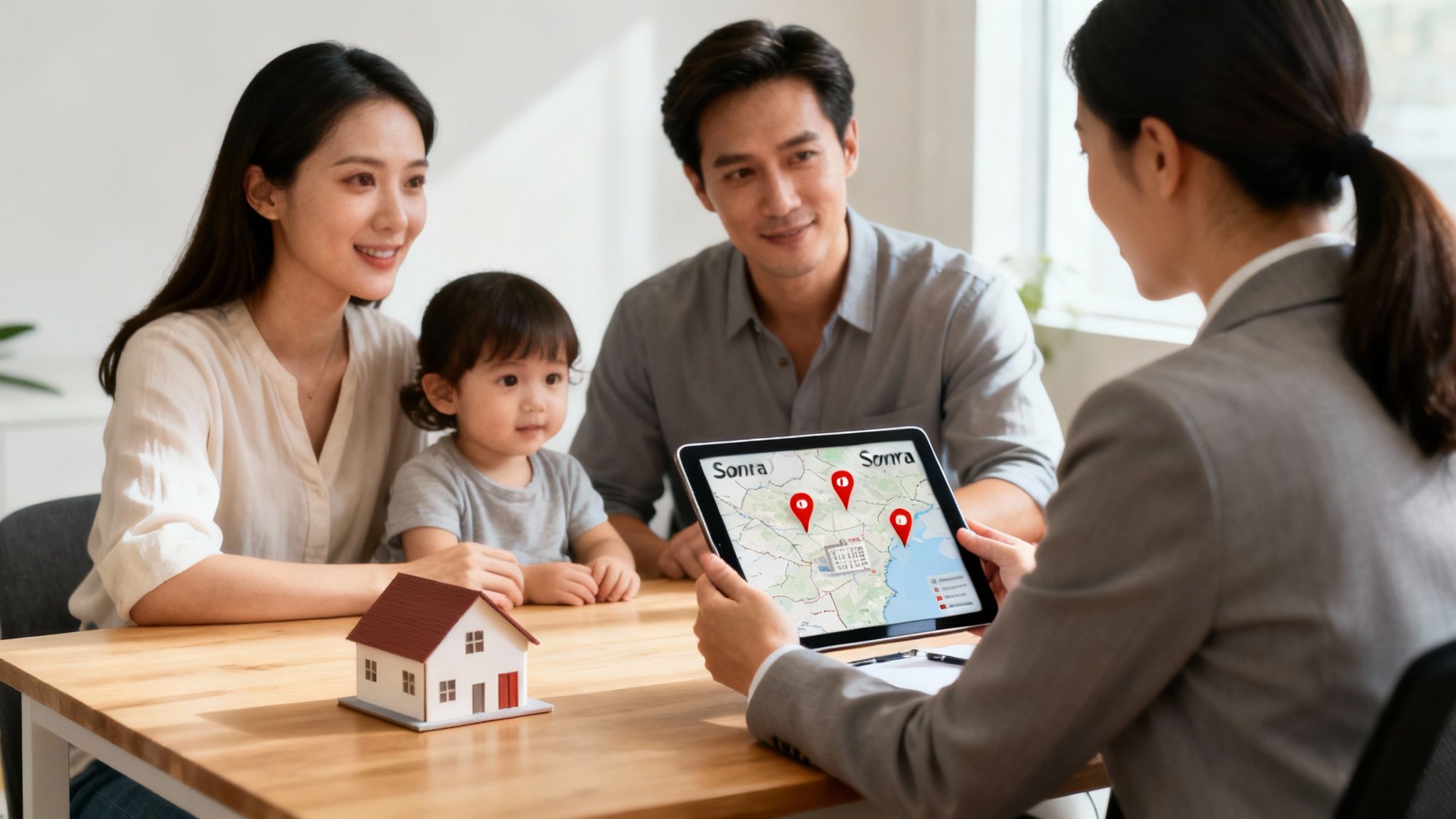 Familia joven con su hija discute opciones de hogar con un agente inmobiliario, usando una tablet.