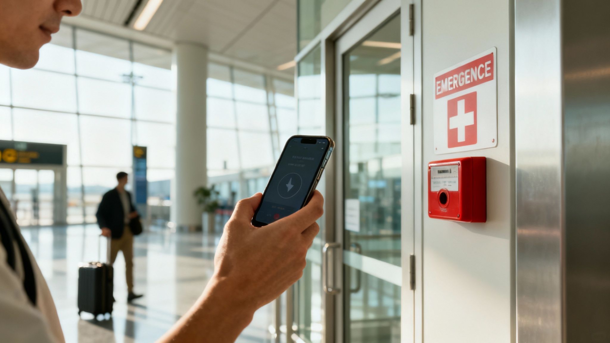 Una persona en una emergencia utilizando su teléfono para contactar a su seguro de viaje, con el texto superpuesto "Qué hacer en una emergencia y cómo usar tu seguro"