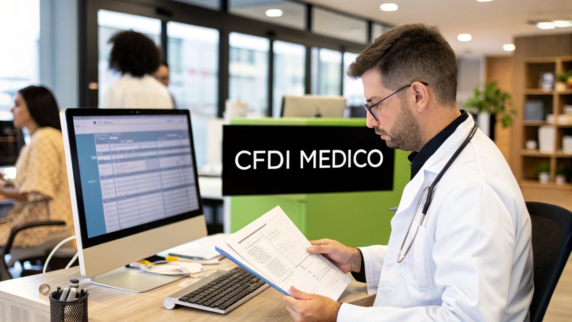 medico revisando documentos en computadora y papel / uso de cfdi gastos medicos