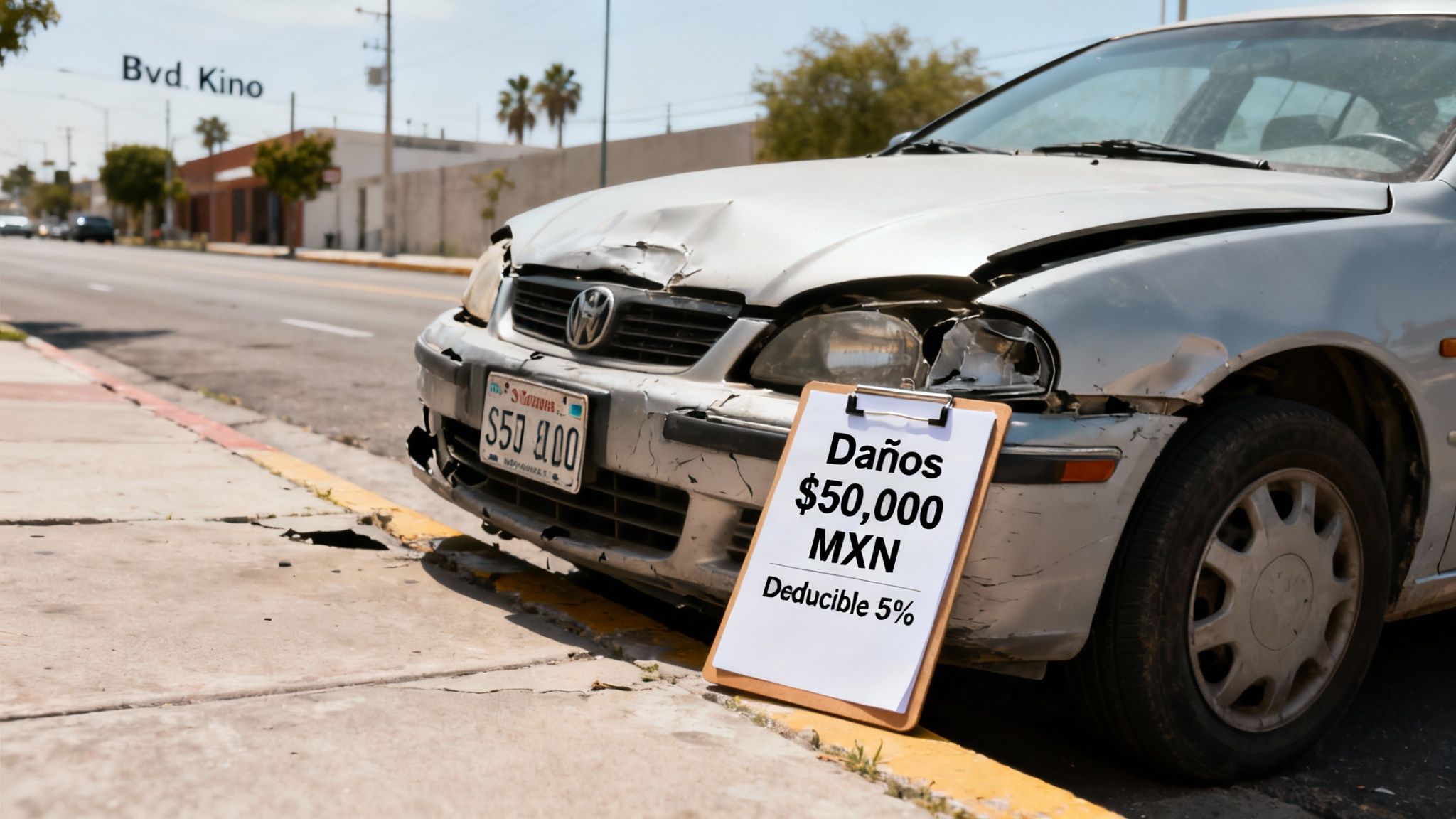 Auto chocado en la calle mostrando daños de $50,000 MXN y un deducible del 5%.