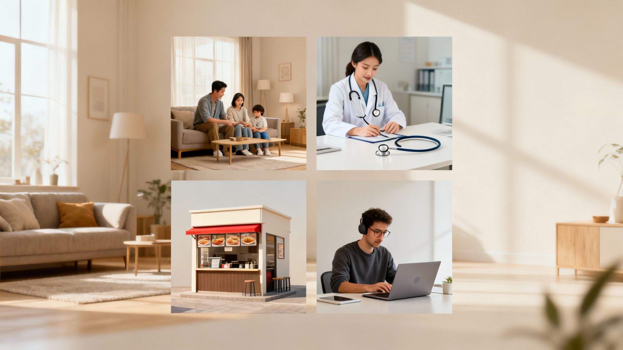 Un collage de escenas cotidianas: una familia, una doctora, un puesto de comida y un trabajador con portátil.