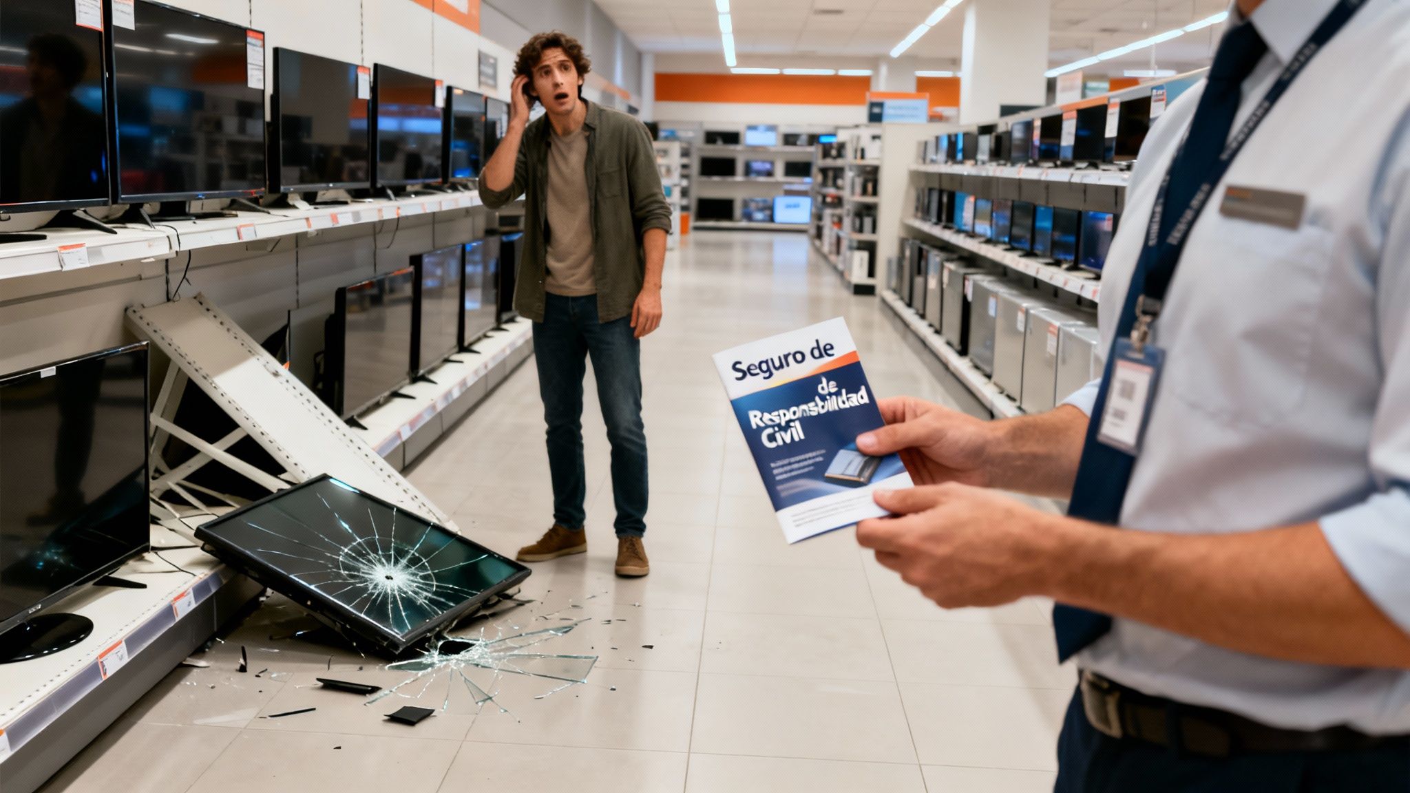 Cliente asustado frente a un televisor roto en una tienda, mientras un empleado ofrece un folleto de seguro de responsabilidad civil.