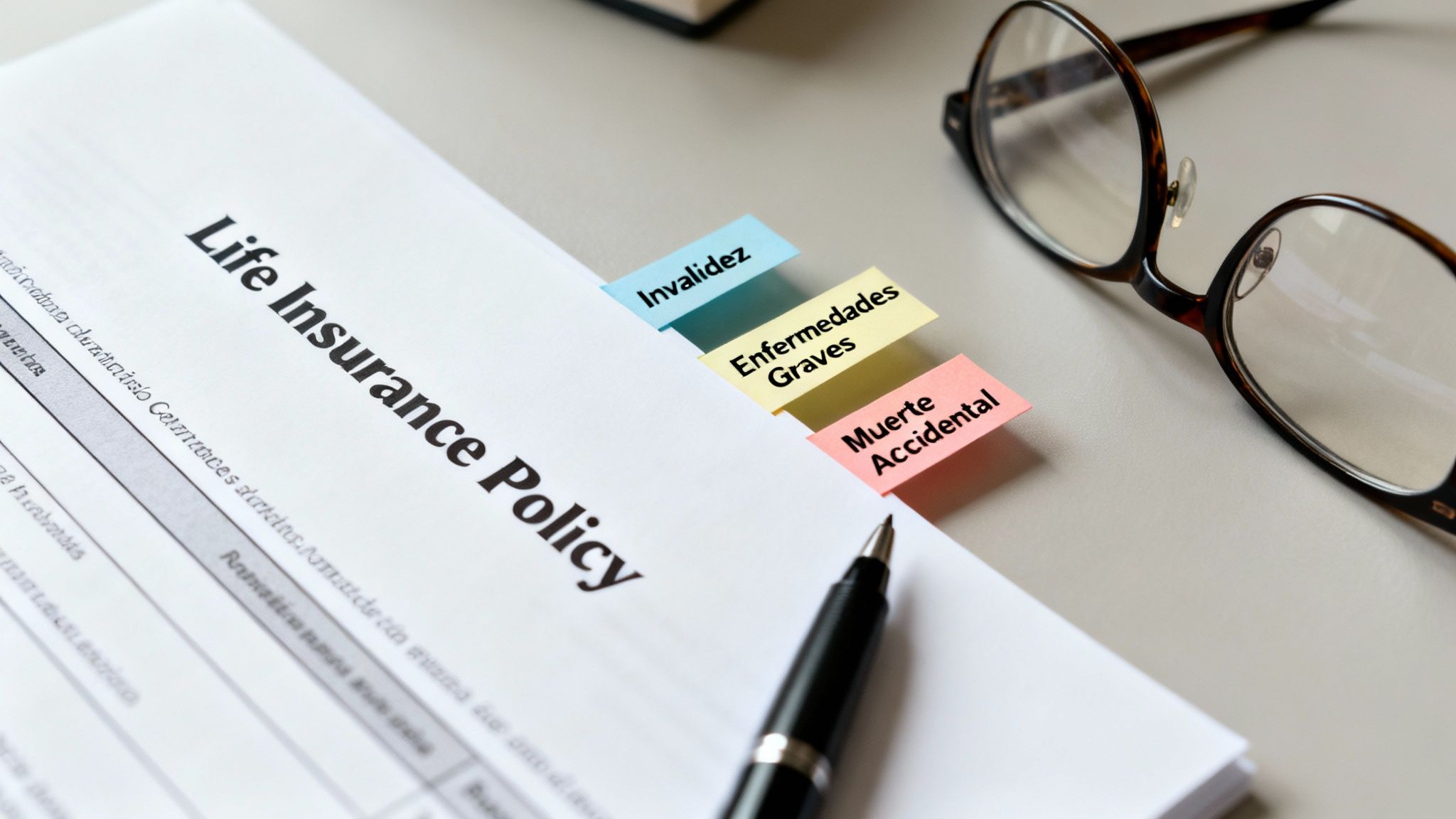 Póliza de seguro de vida con marcadores para invalidez, enfermedades graves y muerte accidental, junto a unas gafas y un bolígrafo.
