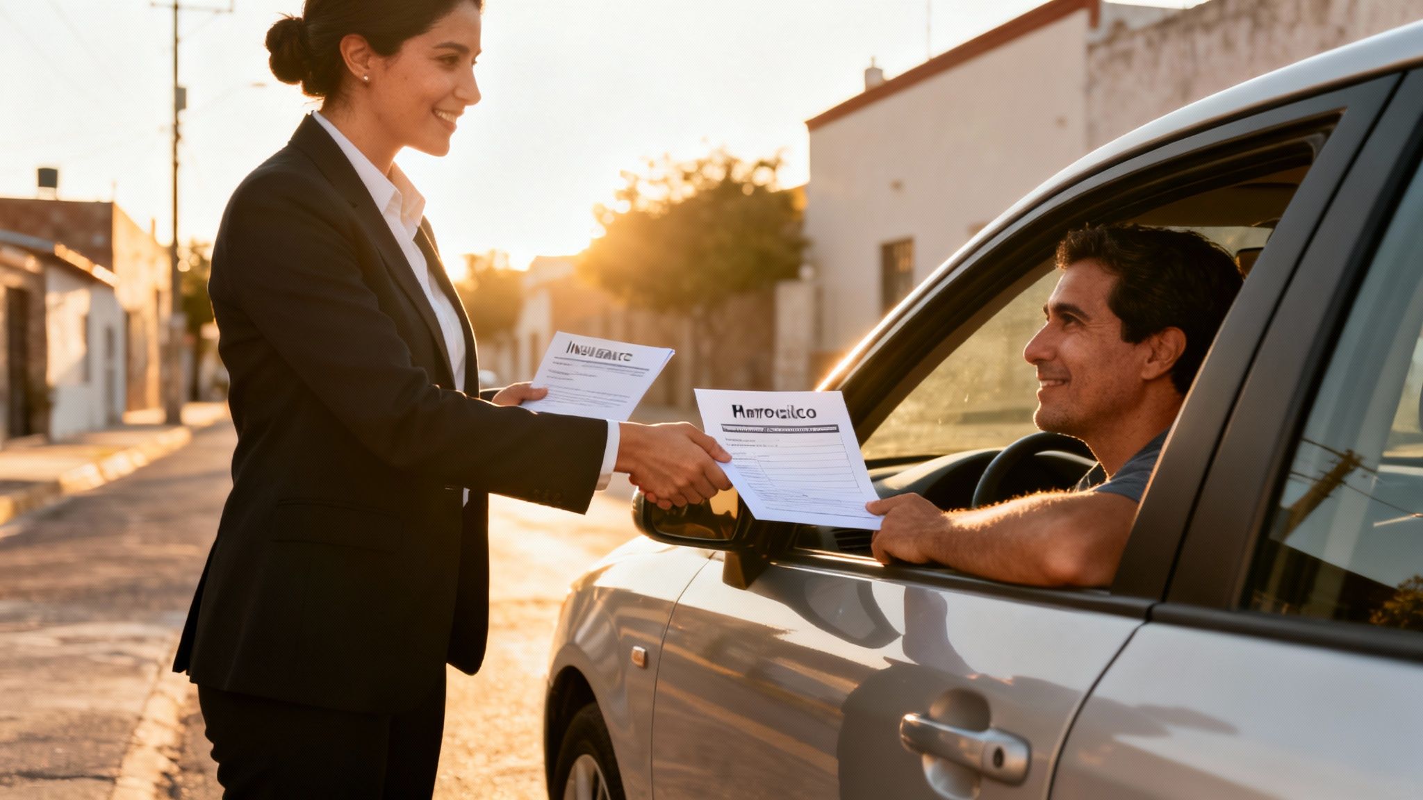 Una agente sonriente entrega documentos de seguro a un conductor en su coche al atardecer.