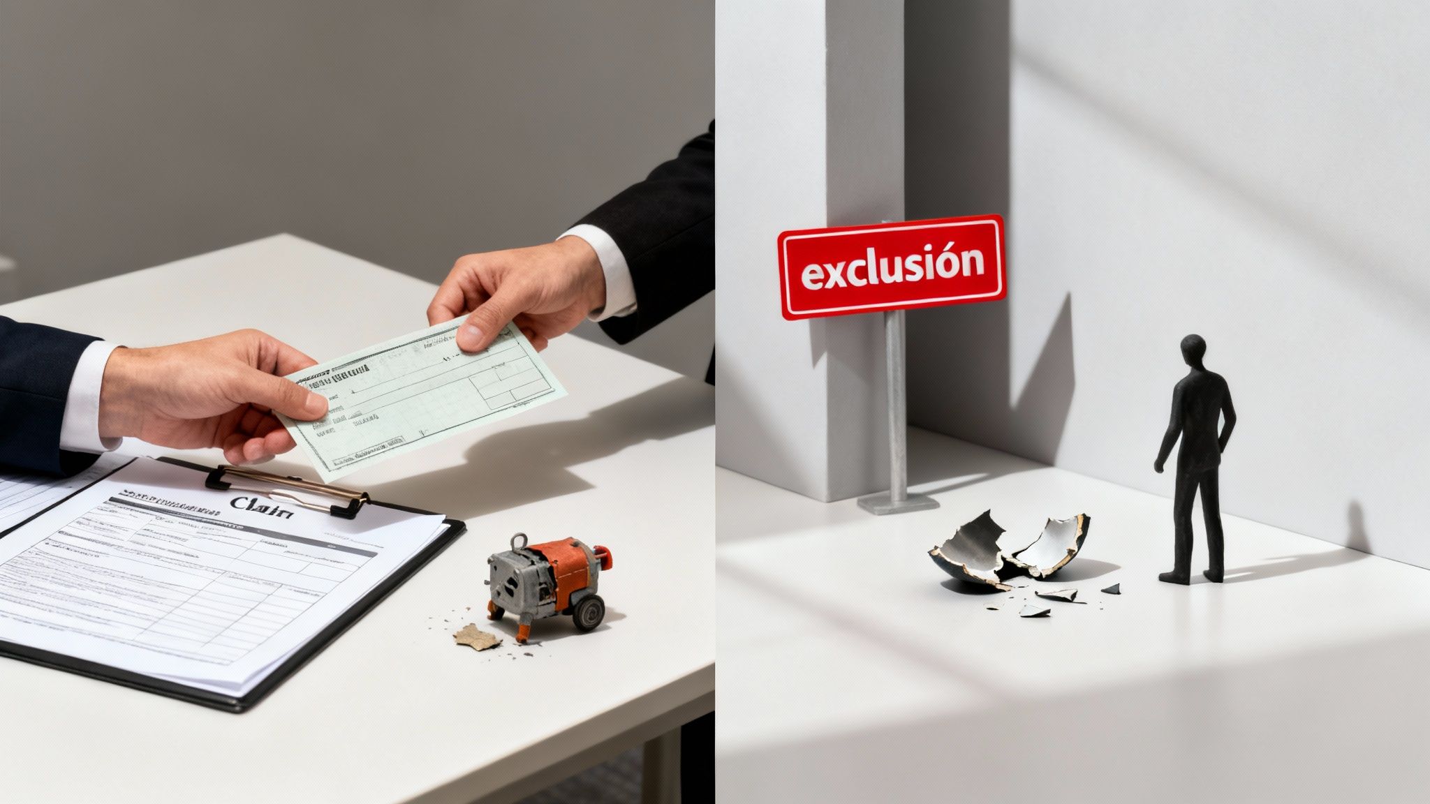Dos escenas: un cheque de seguro entregado por un reclamo y una exclusión de garantía con un objeto roto.