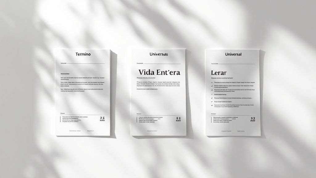 Una pareja joven en Sonora revisando opciones de seguros de vida en una tablet, con gráficos comparativos de seguros temporales y dotales.