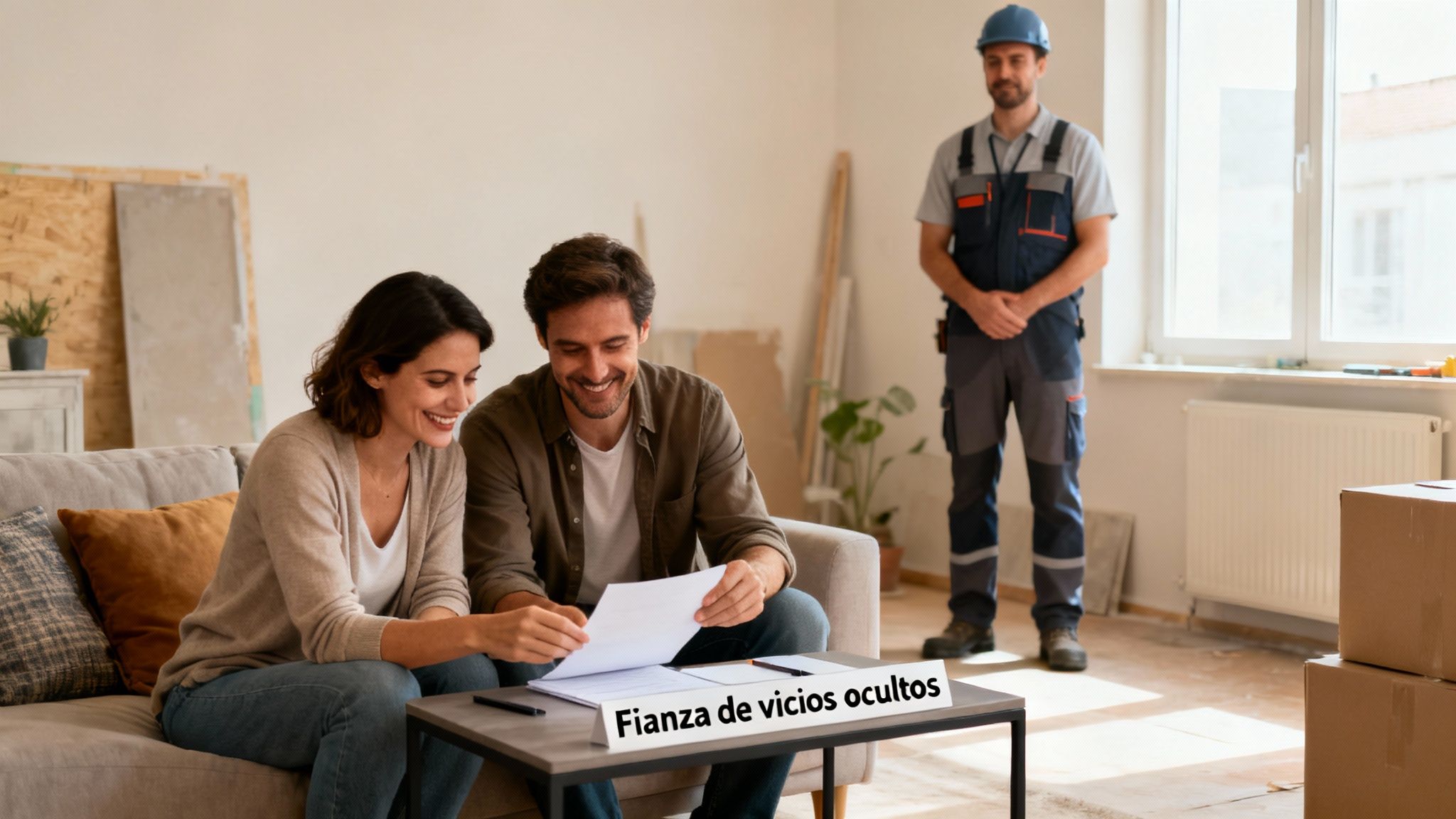 Pareja feliz revisando documentos sobre fianza de vicios ocultos con un trabajador de construcción.